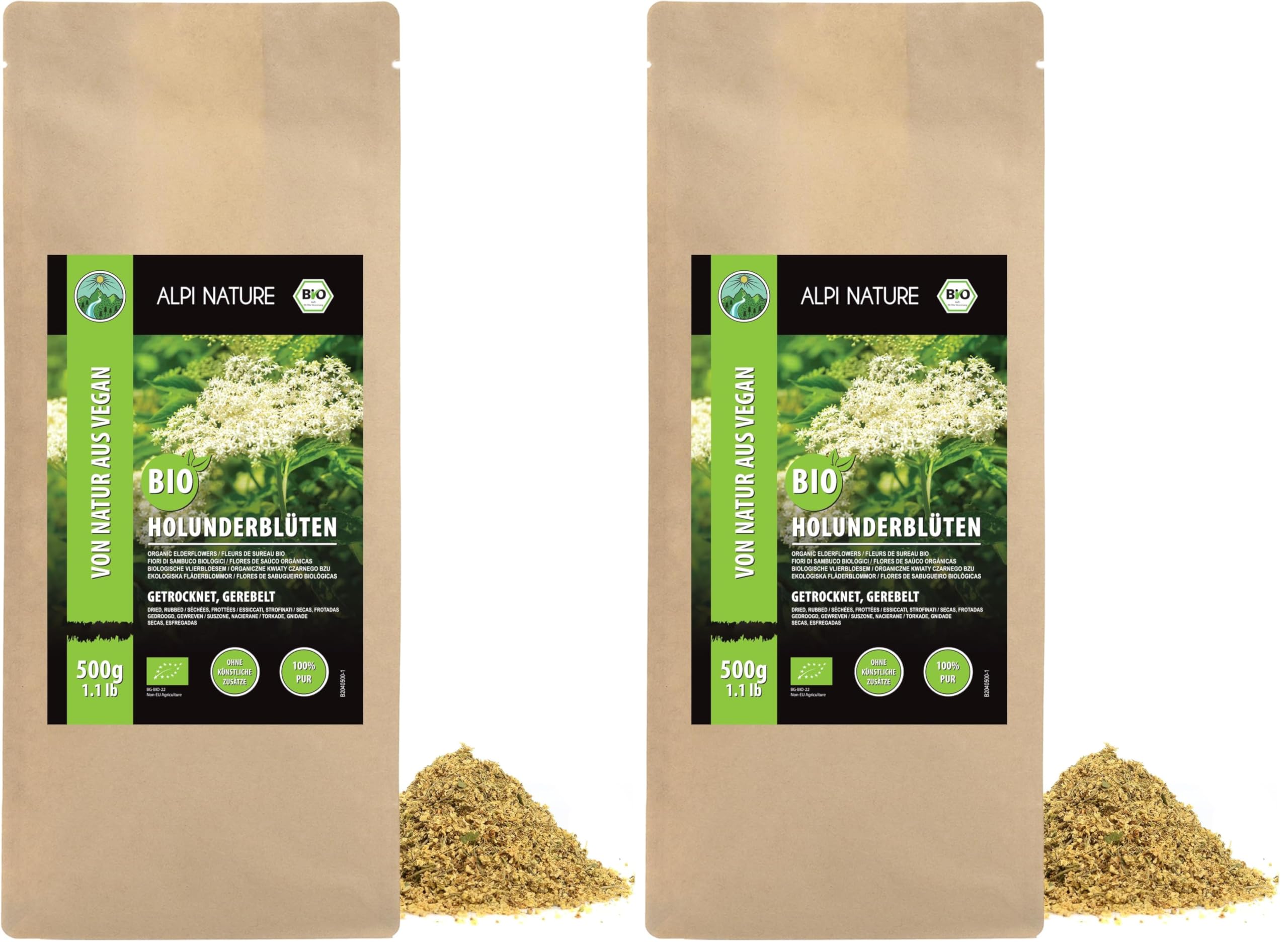 Alpi Nature Holunderblütentee BIO 500g, Holunderblüten getrocknet, Holunderblüten Tee lose (Packung mit 2)