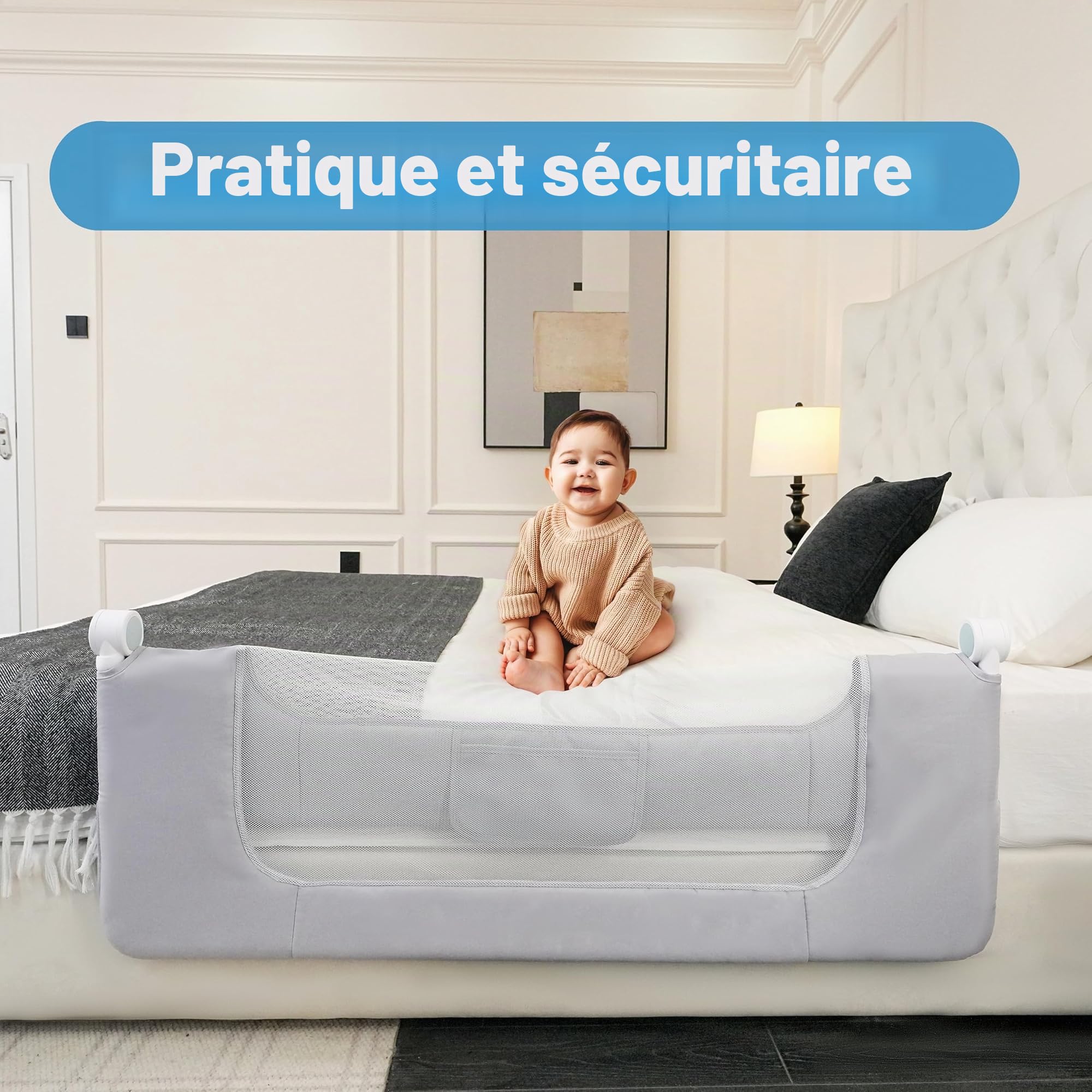Barrière de lit pliable pour tout-petits, 32in / 85 cm de hauteur, réglable en hauteur, pour enfants, ajustement universel, pour lits jumeaux/double/très grand lit/grand lit.