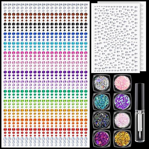 Juego de 12 gemas coloridas para la cara, calcomanías de perlas y purpurina gruesa, 1294 piezas de joyas faciales de 0.118-0.315 in y 8 macetas de