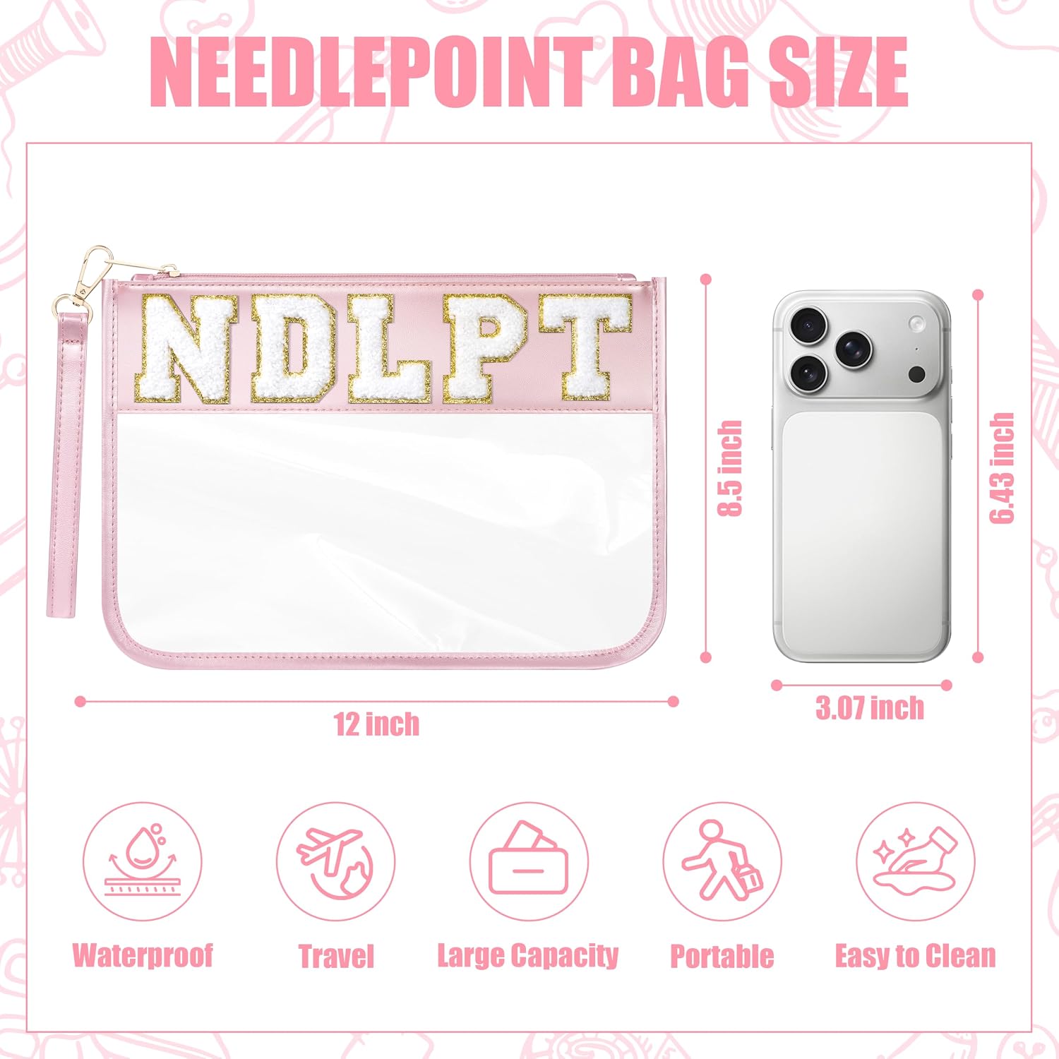 BuyCard Needlepoint Project Bag, NDLPT Clear Zipper Pouch Sewing Gifts Bag