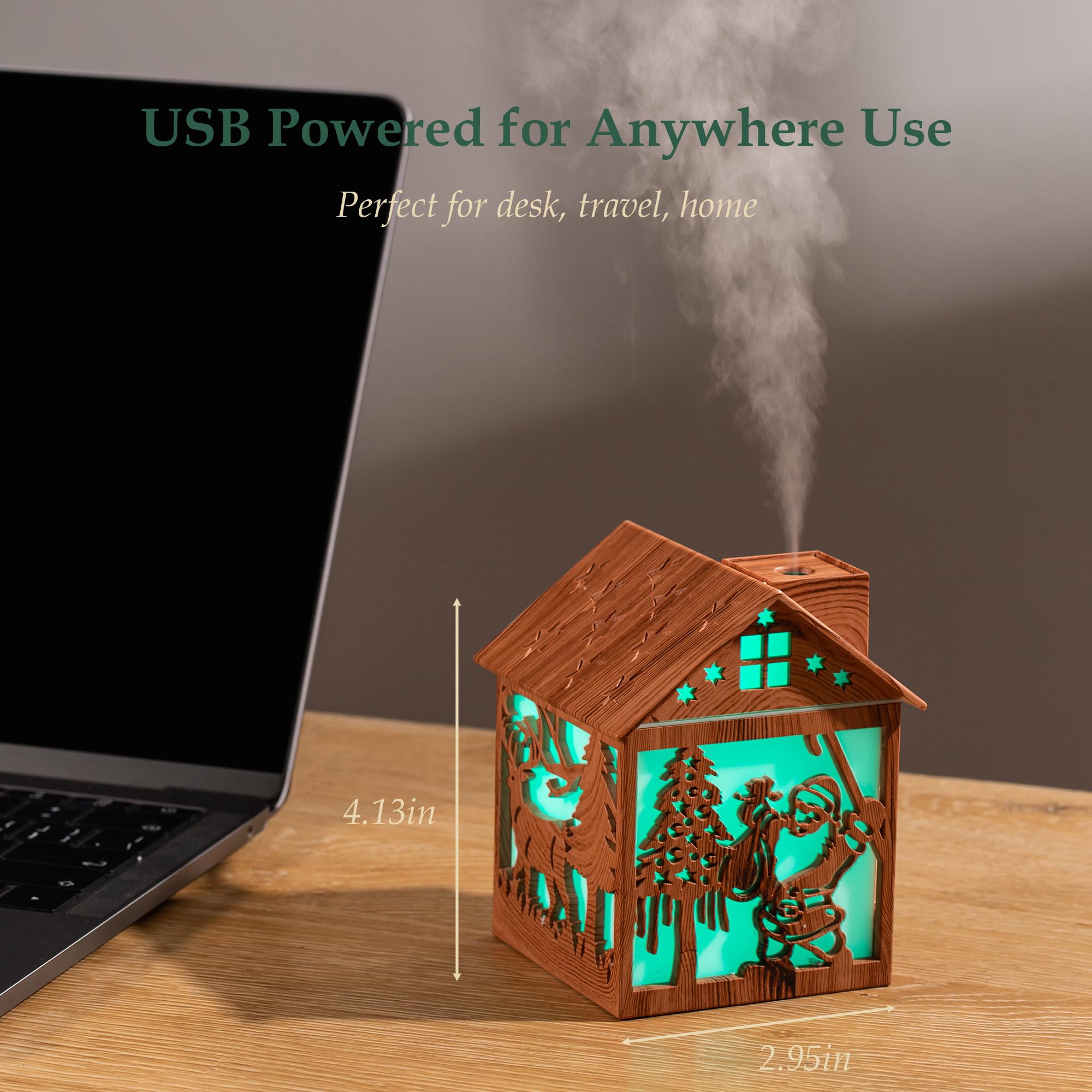 Humidificateur de maison en bois de Noël – Mini humidificateur à brume froide de 240 ml avec design Père Noël LED, lumières 7 couleurs, alimenté par USB, arrêt automatique, cadeau de décoration de