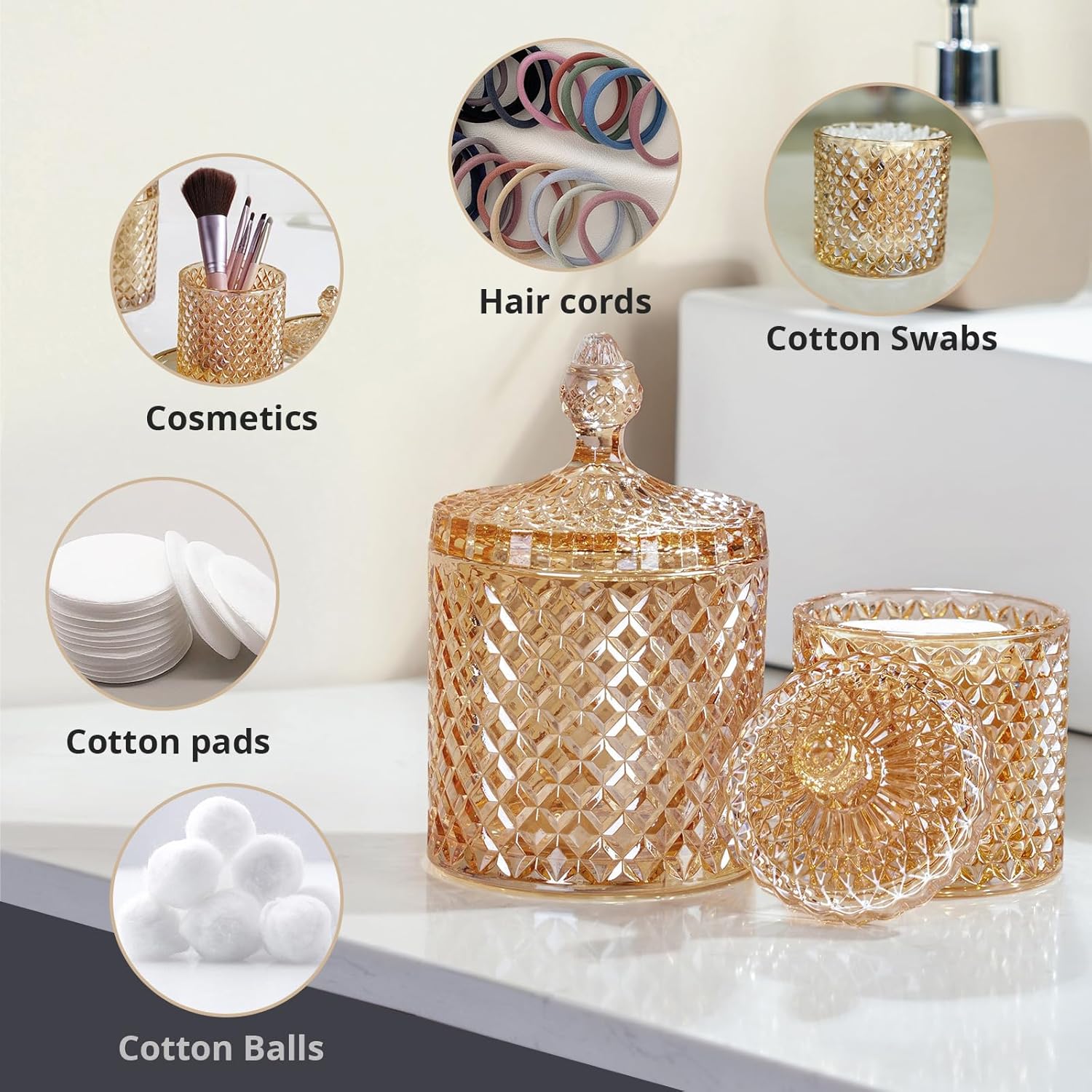 R FLORY 2 Pack Qtip Holder Glass Apothecary Jars with Lids Bathroom Storage Organizer for Cotton Swabs, Balls, Pads, Floss Picks, Vanity Storage Containers for Makeup, Candy, Jewelry (10+24oz, Amber) - Image 7