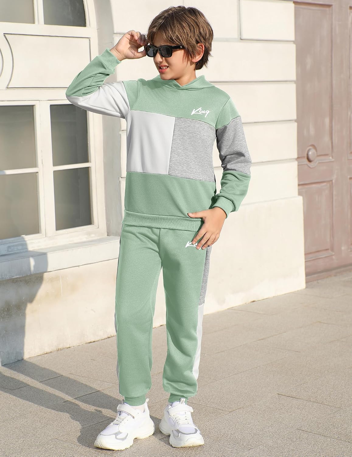 2 Pcs Boys Clothes Sweatsuit Set Color Blocked Hoodie Top and Jogger Pants for Kids Fall Winter Spring Outfits