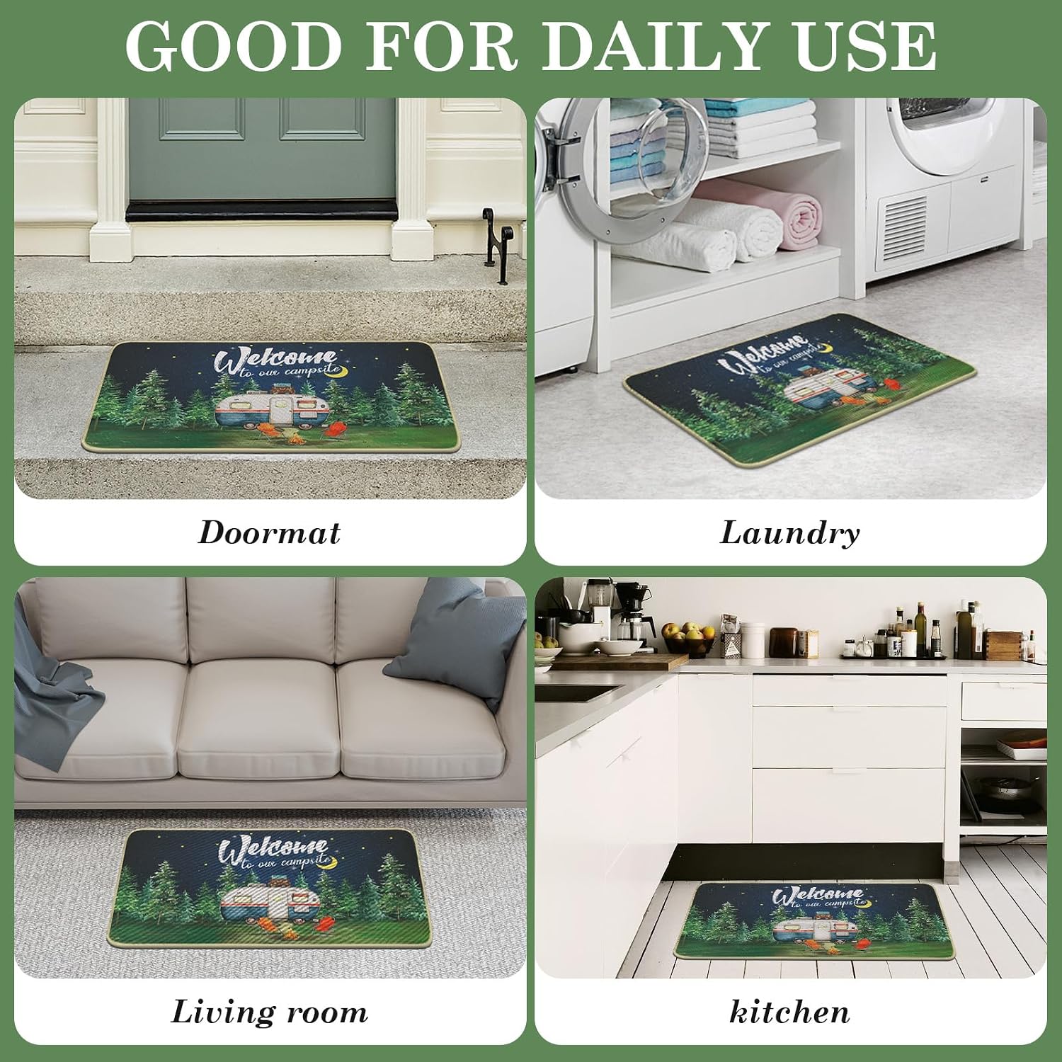 comfoyar Camper RV Door Mat, Welcome to Our Campsite Floor Mat, Welcome Rug with Rubber Backing for Shoe Scraper, Non Slip, Easy to Clean for Outside Camper Decor, 17" x 30"