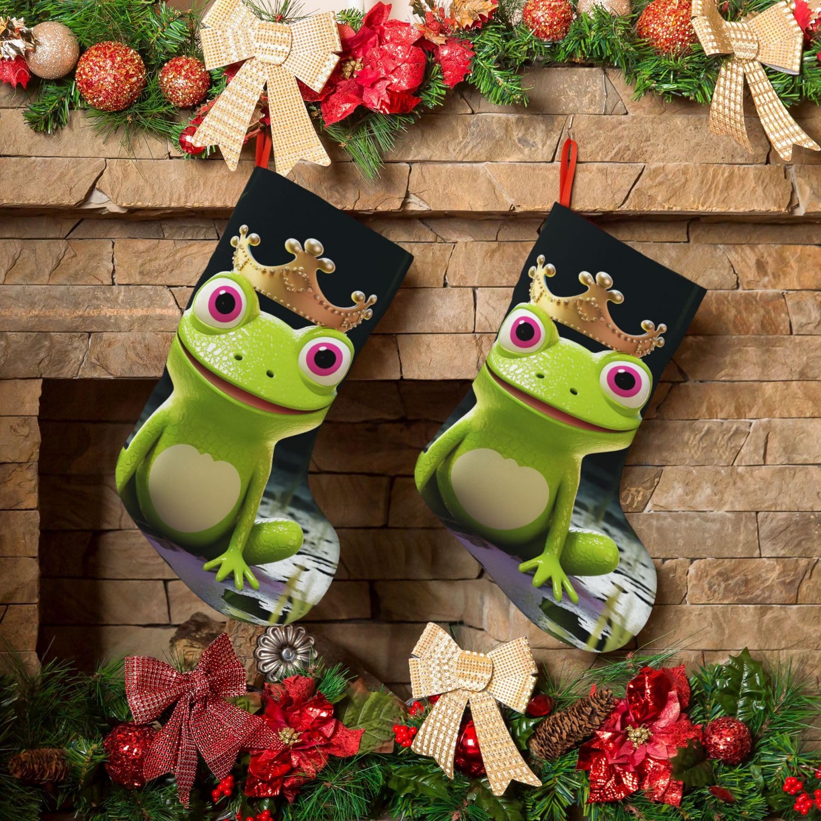KLOPH Christmas Stockings 18" Personalized Xmas Stocking Crown Frog Decoration Stocking Hanging Fireplace Stocking for Holiday Xmas Tree Christmas Fireplace Decor
