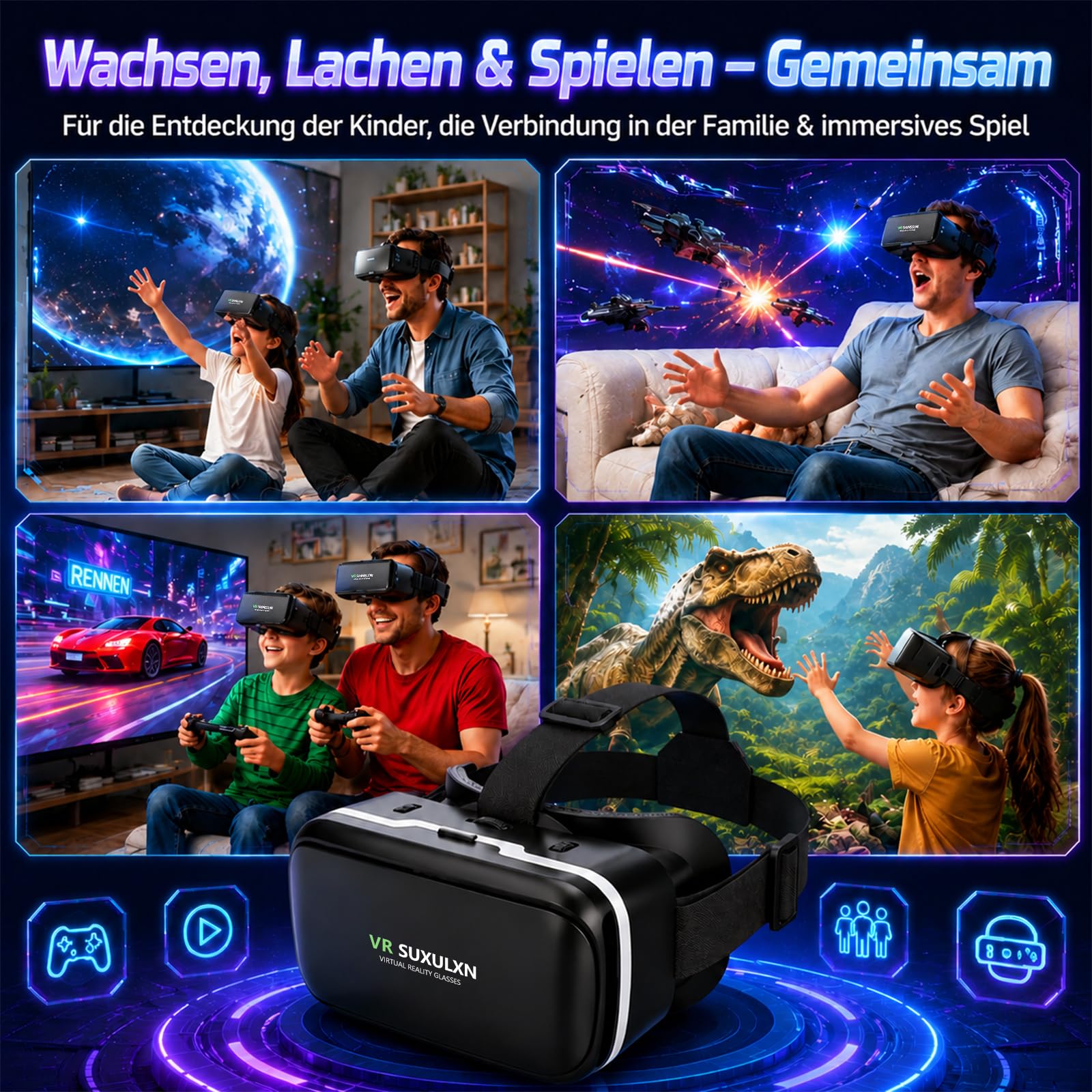 VR Brille Handy, Anfänger 3D Virtual Reality Headset für iPhone & Android 4,7-6,8 Zoll, HD Anti-Blaulicht-Linsen, IPD/Objektabstand einstellbar, ergonomisch für Spiele Filme Kinder 8-16 Jahre