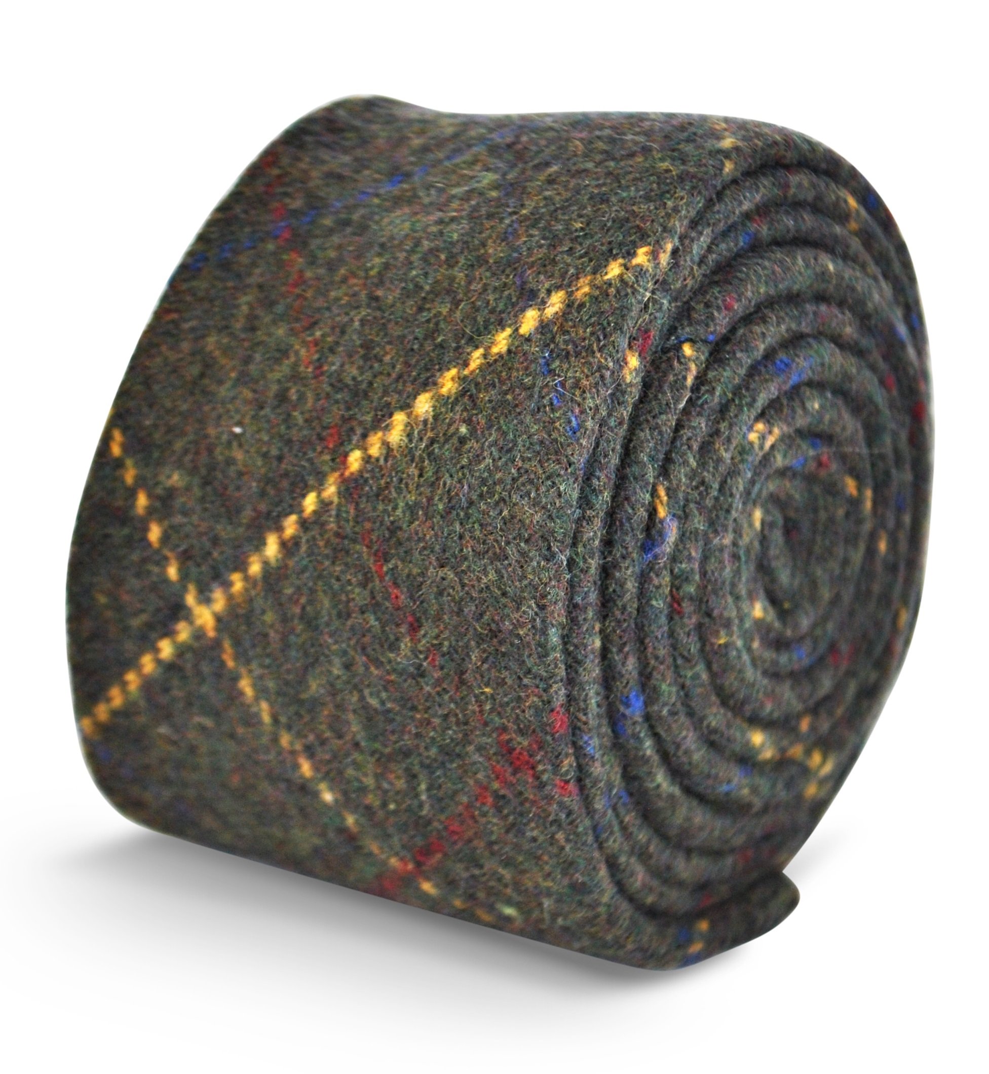 Frederick Thomas Men's Dark Green ’S Wool Tweed Tie, With Red And Yellow Check Pattern In Slim Classic 6.5Cm Width, Tailored Necktie For Office Wear, Weddings, Events And Formal Occasions