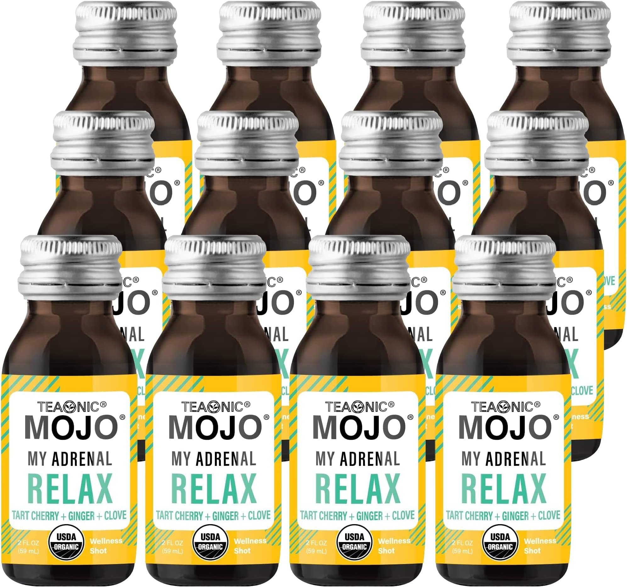 TEAONIC My Adrenal Mojo: Relax, Herbal Wellness Shot with Ginger Root, Tart Cherry, Clove, USDA-Certified, Vegan, Gluten-Free, Non-GMO, 12 Bottles, Each Weighing 2 Fl Oz