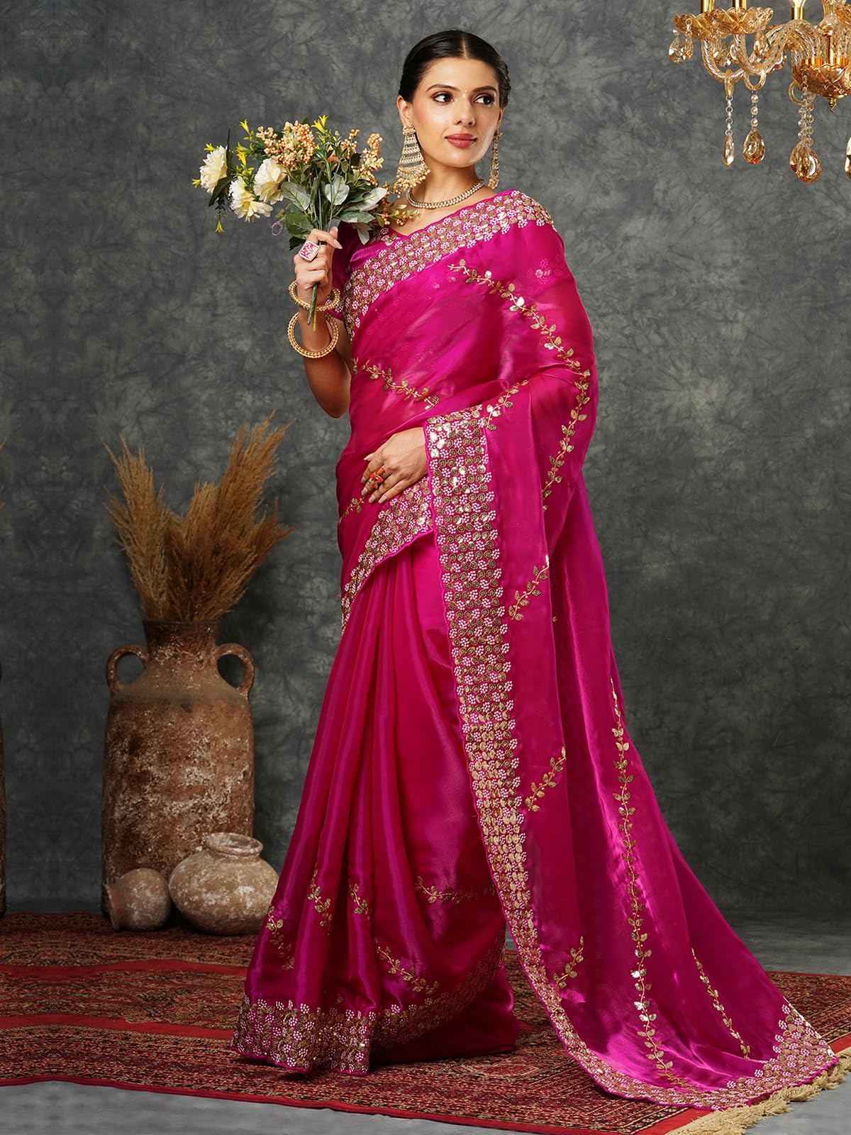 Satrani Women's Tissue Silk Sequence Embroidery Work Scalloped Border Saree With Unstitched Blouse Piece (3905S153N_Rani Pink)