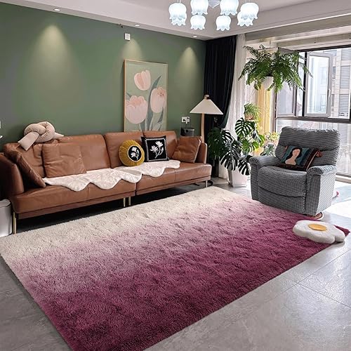 Miniatura 4 de DweIke Alfombra moderna de lujo de 4 x 6 pies, alfombra suave de pelo alto para sala de estar, dormitorio, hogar, color rosa y blanco,