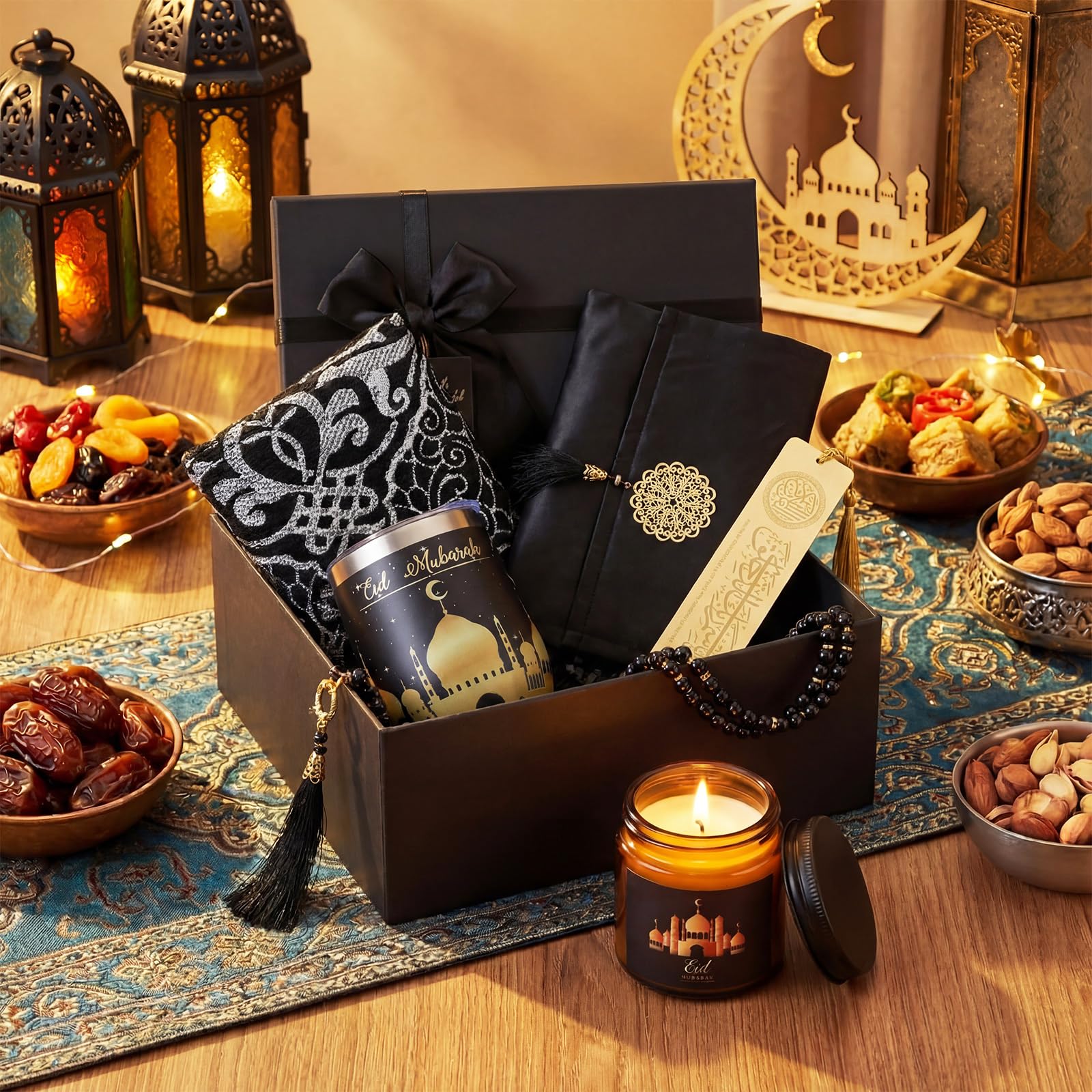Geiserailie 8 Pcs Islamic Ramadan Eid Gifts Set Include Prayer Rug with Prayer Bead and Portable Bag Quran Metal Bookmark Tumbler Scented Candle Bracelet Box for Men Women Eid Holidays New Year Gifts