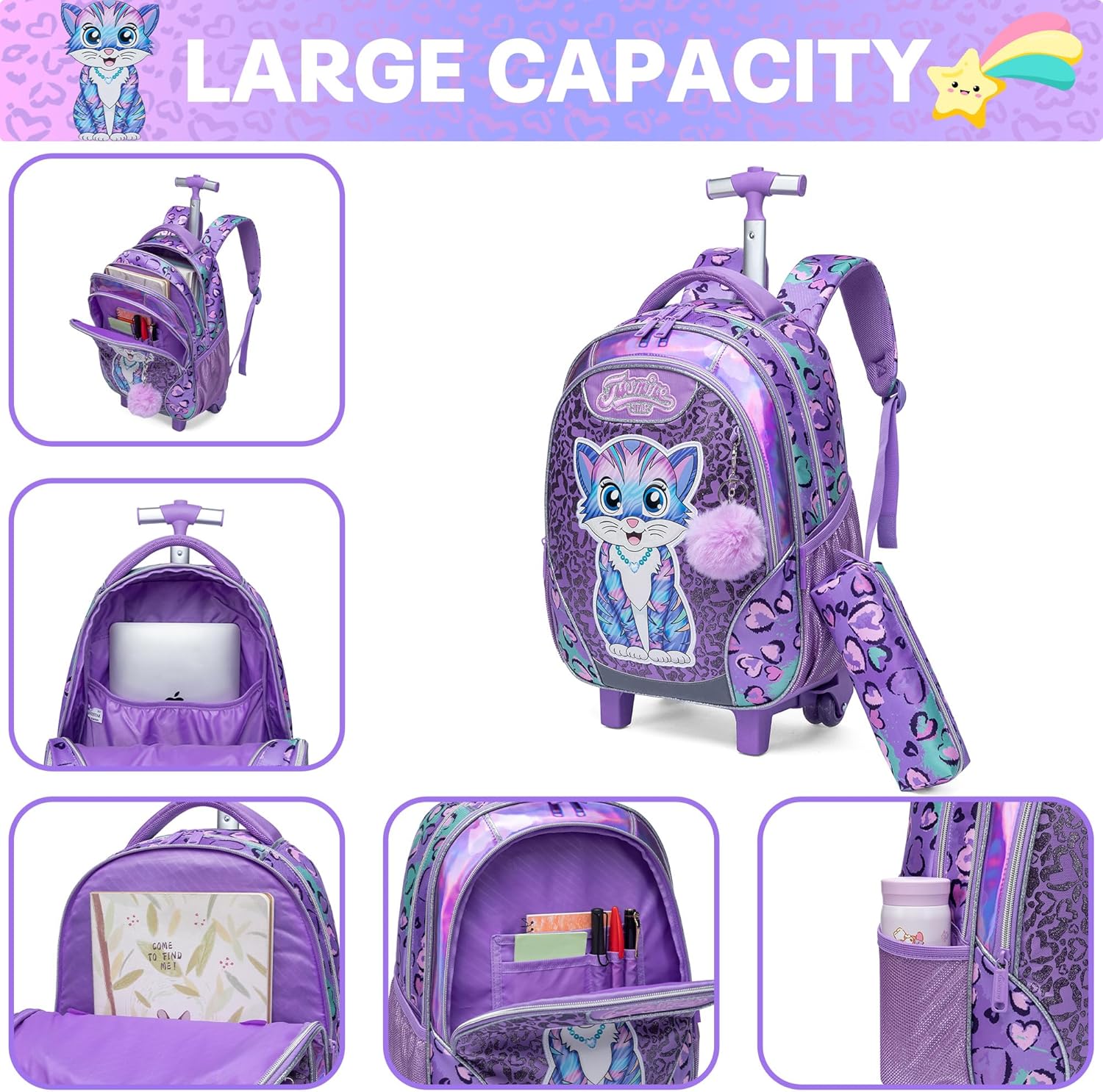 Meetbelify Rolling Backpack for Girls Backpacks with Wheels for Elementary Preschool Students 3 in 1 Carry on Travel Luggage Kids Suitcase with Lunch Box Pencil Case for Girls Age 8-10 - Image 4
