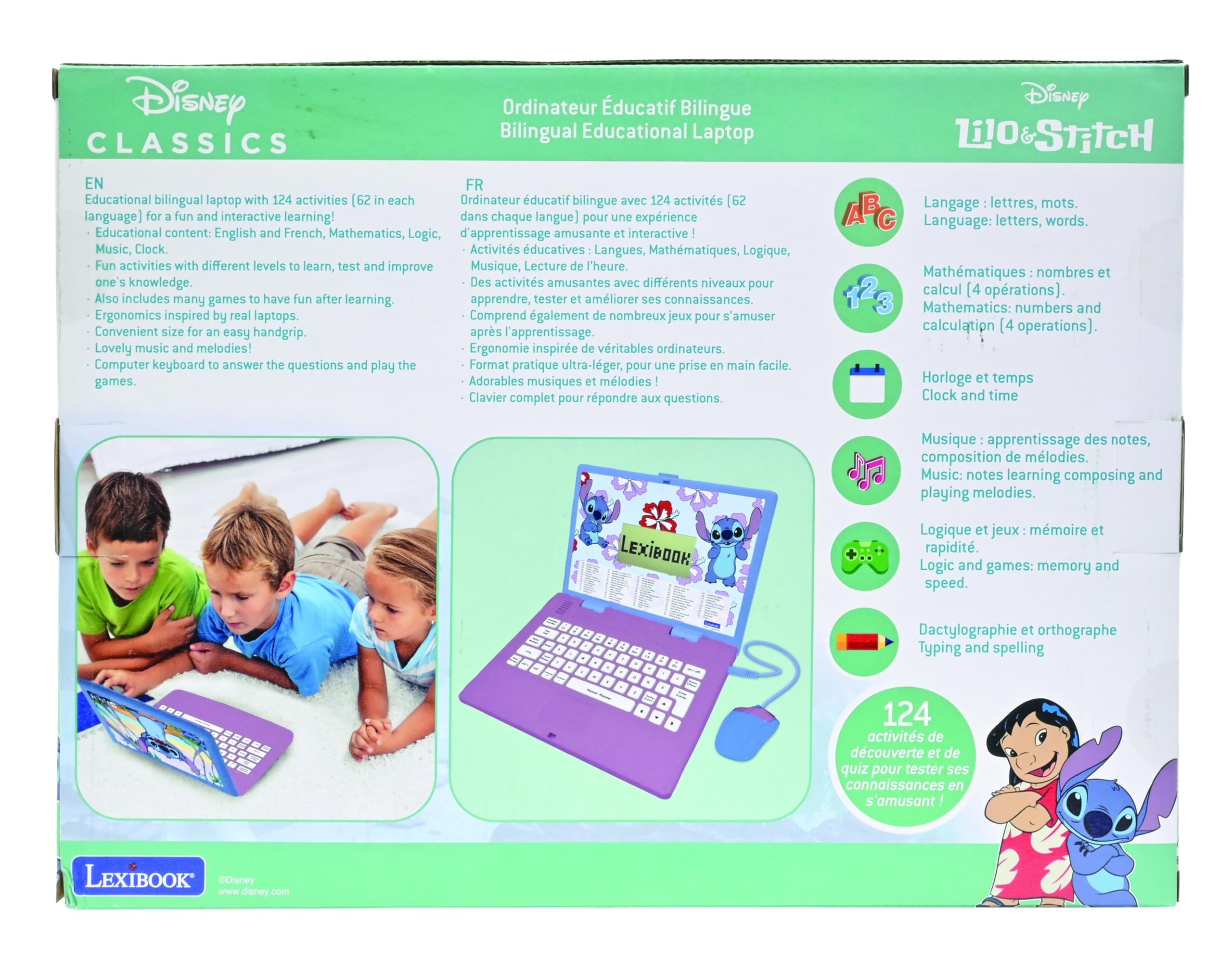 Lexibook, Disney Stitch, Ordenador Educativo bilingüe en inglés/español, 124 Actividades de lenguaje, Escritura, matemáticas, lógica, música y Juegos, para niños y niñas, JC598Di2