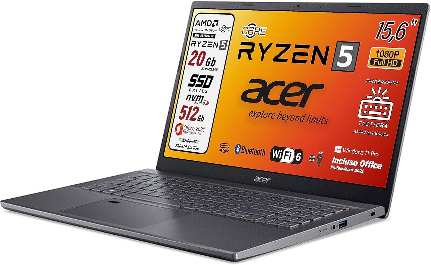 Acer portatile, AMD Ryzen 5 5625u, 6 Core Cpu, Ram 20 Gb DDR4, SSD 512 Gb Pci, Display 15.6 FHD, Tastiera QWERTY Retroilluminata, Fingerprint, WI-FI 6, Win 11 Pro, Suite Office , preconfigurato Acer portatile, AMD Ryzen 5 5625u, 6 Core Cpu, Ram 20 Gb DDR4, SSD 512 Gb Pci, Display 15.6 FHD, Tastiera QWERTY Retroilluminata, Fingerprint, WI-FI 6, Win 11 Pro, Suite Office , preconfigurato