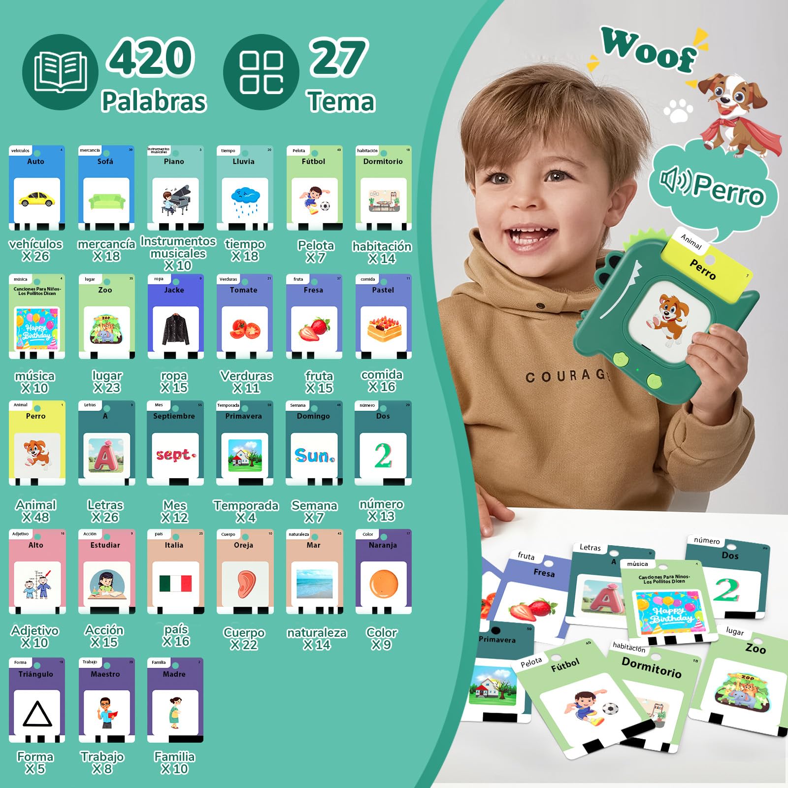 420 Cartes d'apprentissage parlantes Montessori en Espagnol - Set de flashcards avec Fonction sonore, Jouet éducatif, pour l'apprentissage préscolaire. Inclut 10 chansons en français