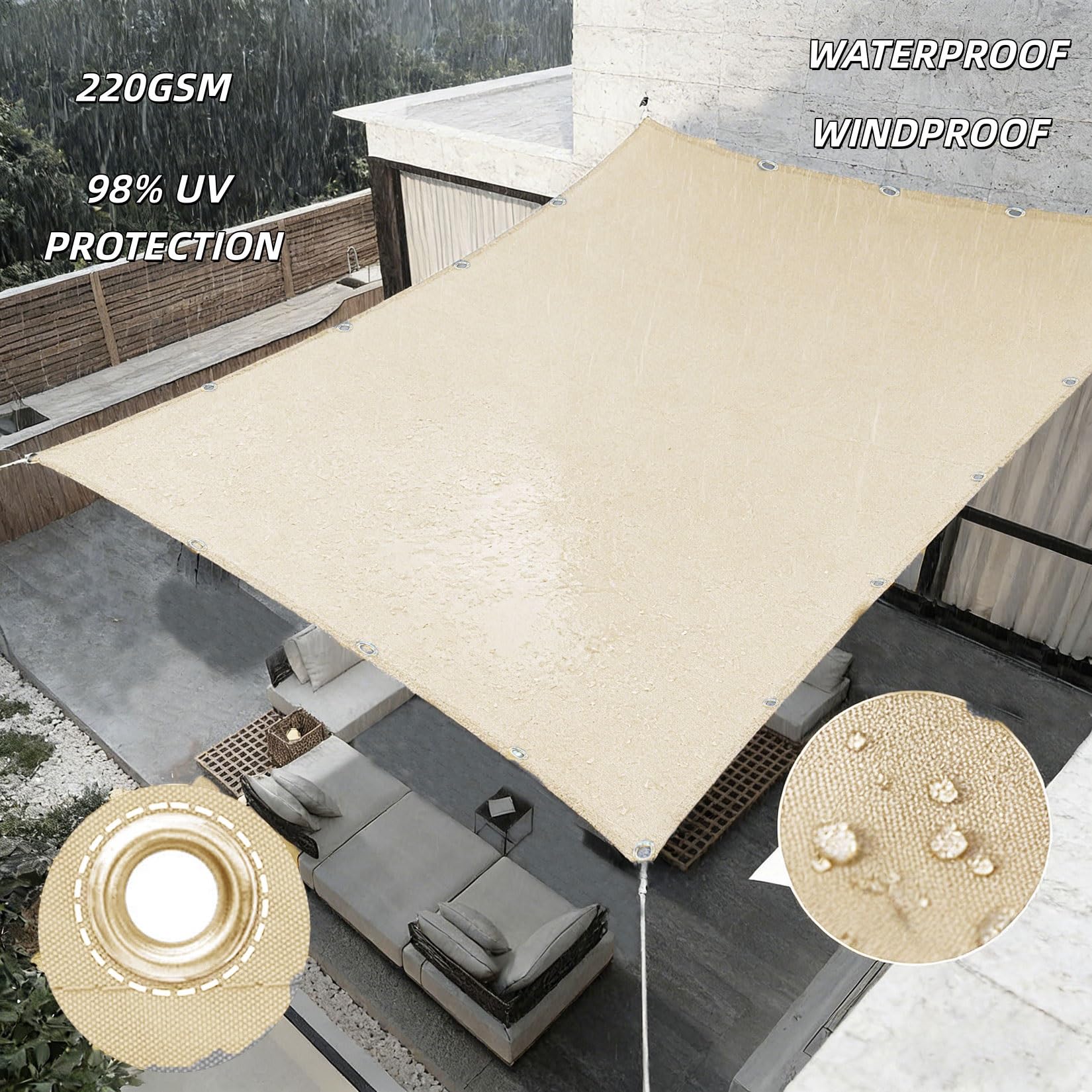 Markiza Przeciwsłoneczna 230 x 280 cm Prostokątne, 98% Filtr Uv, Wodoodporne Żagiel Przeciwsłoneczny Do Ogrodu Poliester, Wytrzymały Na Patio, Na Imprezę, Na Trawnik, Piaskowy żółty
