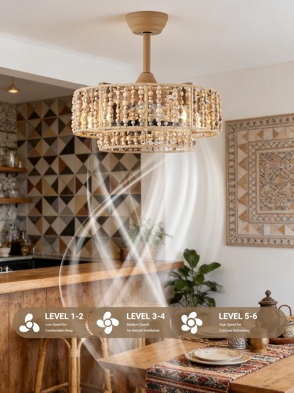 Boho Caged Ceiling Fan with Light,20" Fandelier Bladeless Ceiling Fans with Lights and Remote,Flush Mount Wood Beaded with 6 Speeds for Bedroom Dining Room Kitchen