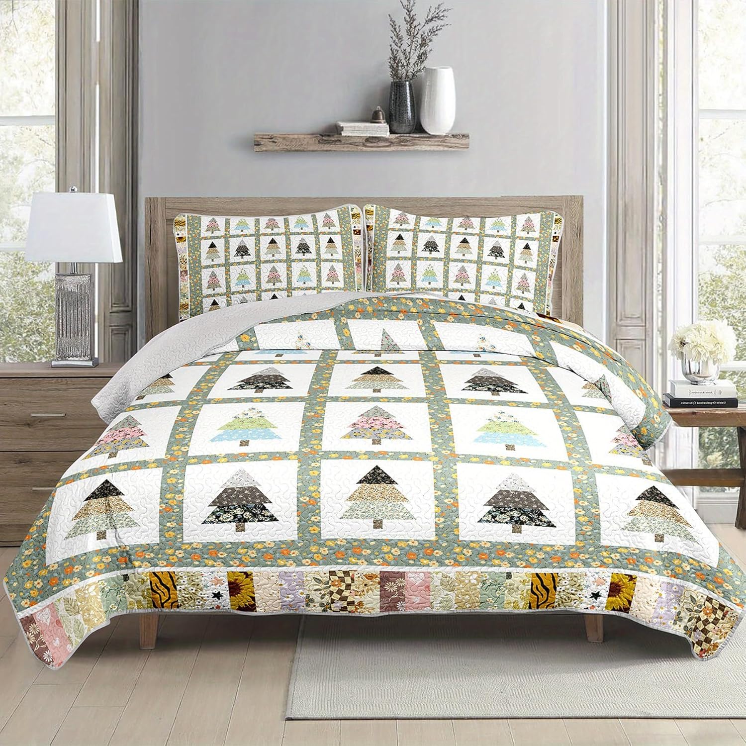 Floral Tree Quilt Set Queen Size,Patchwork Bed Cover Set for Kids and Adults Room Decor,Tree Printed Quilt Bedding,Unique Bedspread Sets Modern Bedroom Decor for Kids and Adults