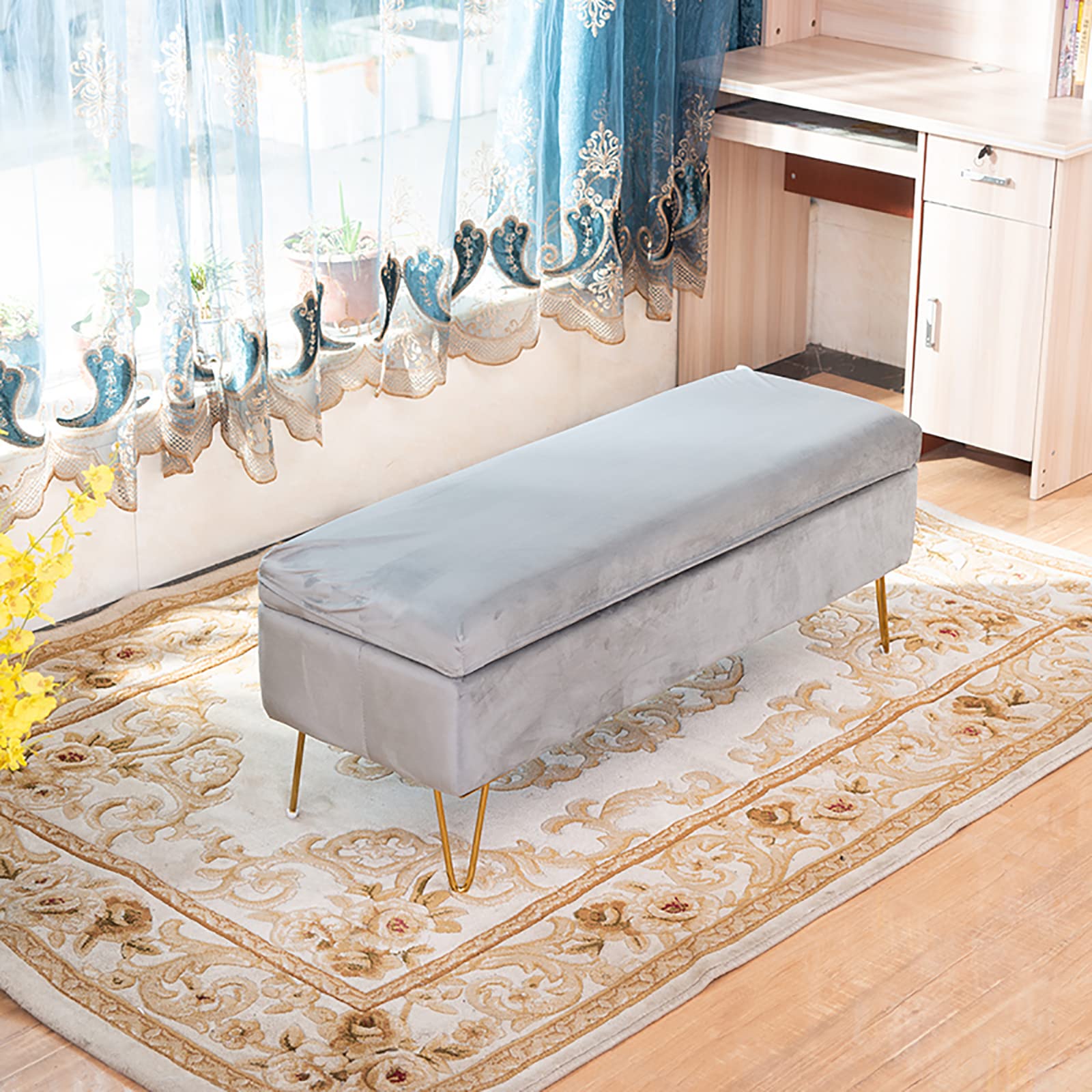 ZHANGshouf Velvet Upholstered Storage Bench with Plush Ottoman Tufted Footstool Bench for Entryway Living Room Grey 100x40x43cm