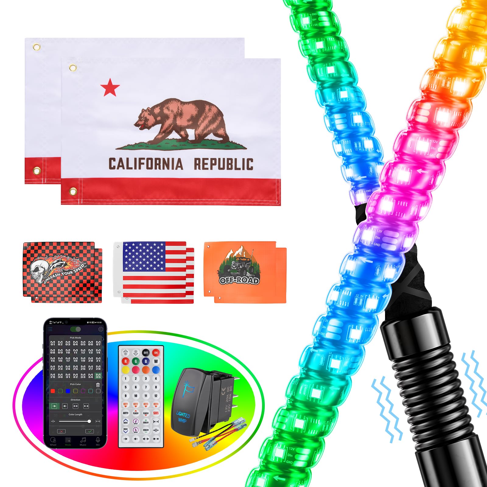 Ehaho2PCS 2FT Whip Lights for UTV ATV with Spring Base, Tripled Brighter Led Whip Light W/Rocker Switch & 6 Flags(Includes California Flags), Spiral Chasing Lighted Antenna Whip with APP & Remote Con