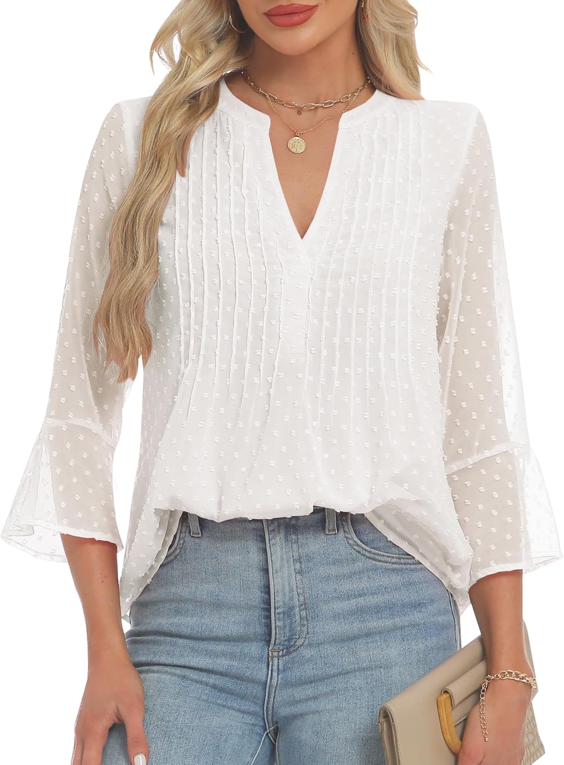 AIMCOO Blouses for Women Dressy Casual 3/4 Sleeve Tops for Women Swiss Dot Double Layered Chiffon Work Tunic Shirts