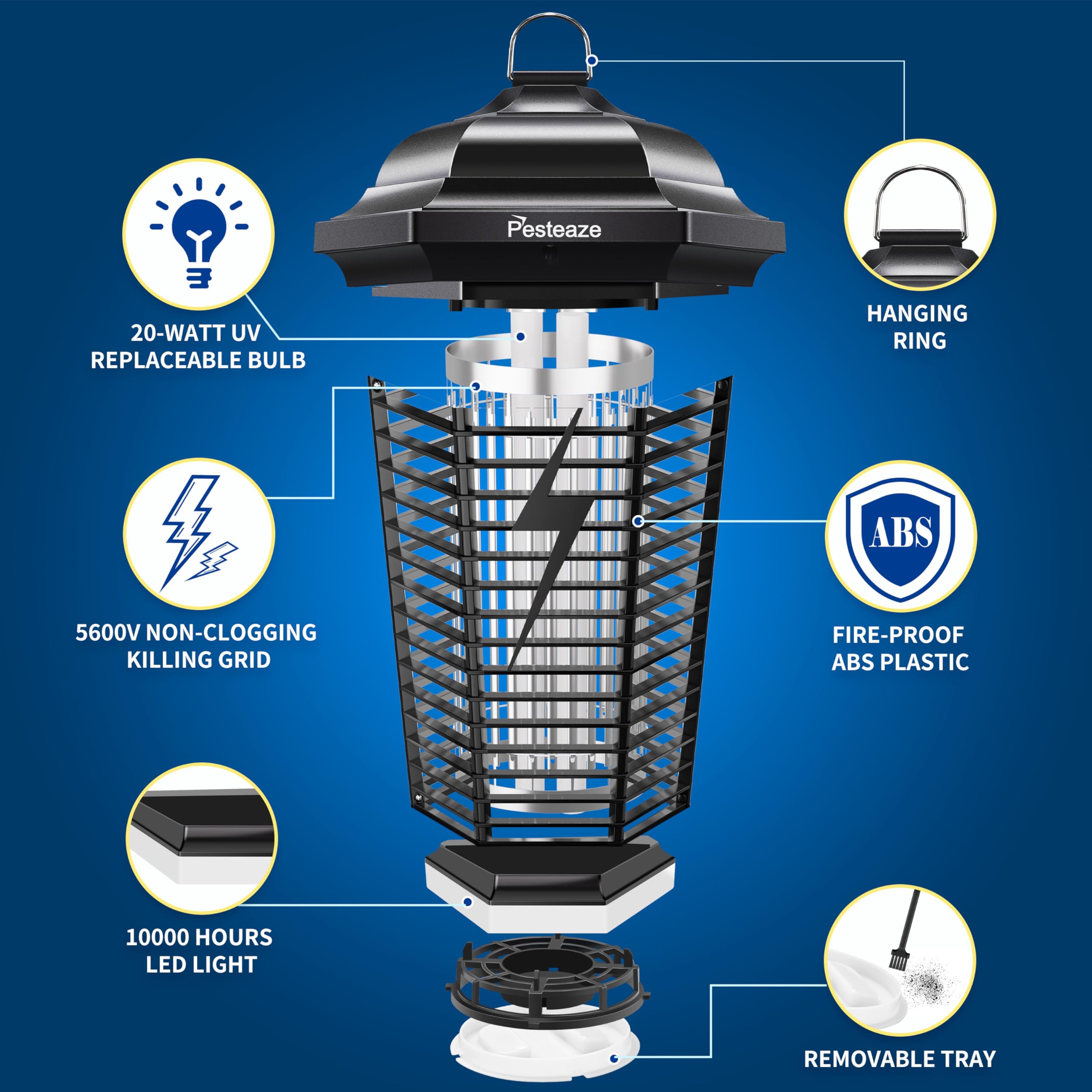 Bug Zapper Outdoor Zapper mit LED Licht, 5600 V - Elektrischer Fliegenzapper steckbar, 3-zackiger Stecker, Mückenspender, Fliegenfalle, Fliegenfalle, Fliegenfalle für Innen u