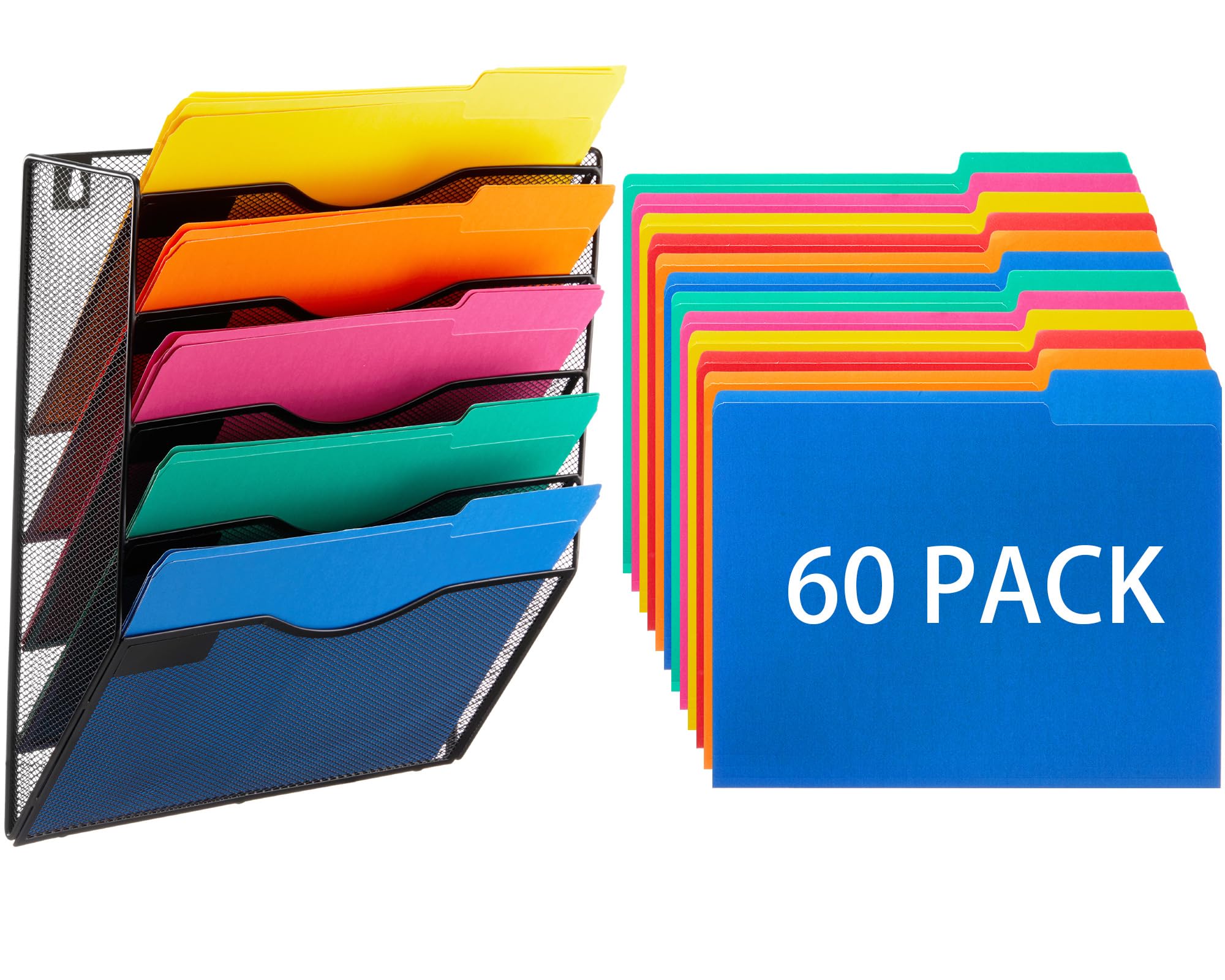 Gaillty 5 Pocket Mesh Hanging Wall File Organizer, Wall File Organizer, 60 Pack 1/3 Cut Tab Colored Paper Documents Folders, Assorted 6 Colors for Office School Classroom Home Organization
