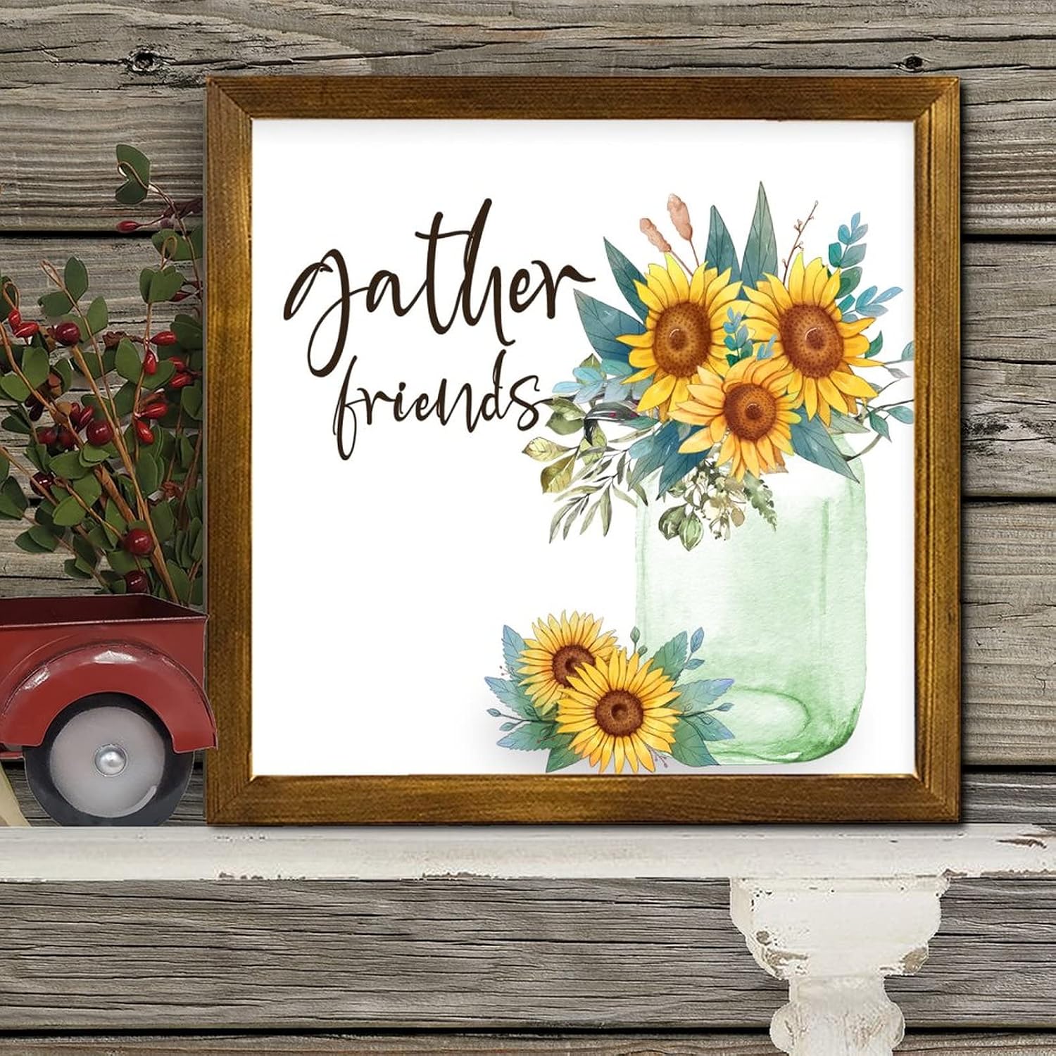 Gather Friends Framed Wooden Signs Spring Sunflower Flower in Kettle Hanging Sign Farmhouse Blossom Floral Wooden Wall Art Decor for Home Office Kitchen Bathroom Bedroom 12x12 inch