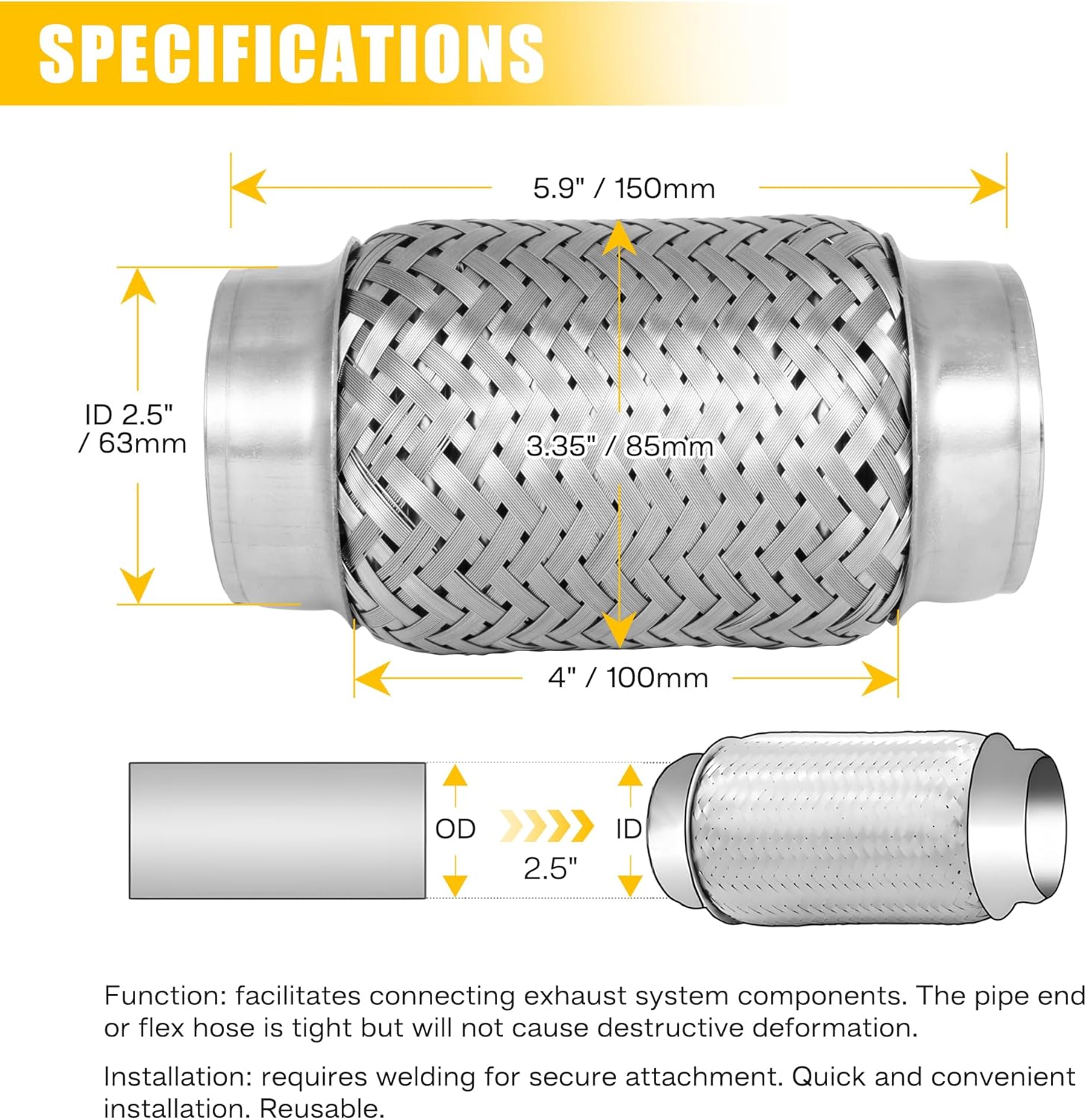Exhaust Flex Pipe, 2.5" x 5.9" Heavy-Duty Exhaust Flex Pipe 304 Stainless Steel, Universal Double-Braided Exhaust Flex Tube for Cars - 2PCS