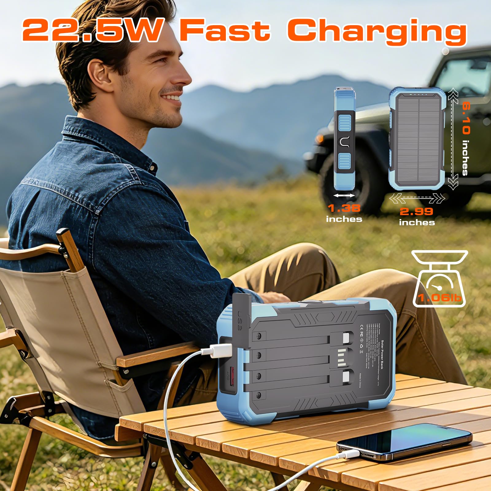 Caricatore solare Power Bank 20000 mAh, 22,5 W PD caricabatterie portatile a ricarica rapida con cavi integrati batteria USB-C, doppia torcia a LED, compatibile con iPhone e Android per campeggio