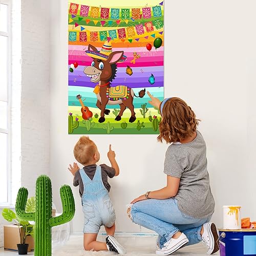 Miniatura 6 de NEBURORA Pin The Tail on The Donkey Juego de burro mexicano con 24 colas para fiesta del Cinco de Mayo, fiesta mexicana, fiesta temática de taco,