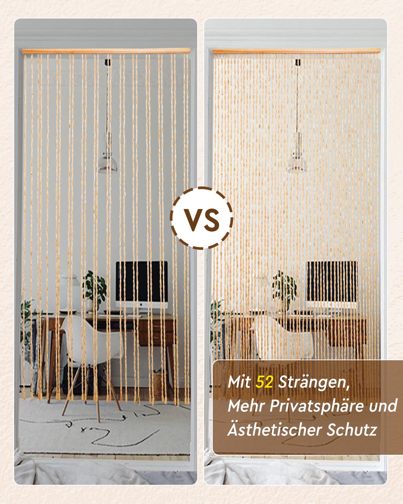 Cortina de Perlas de Madera 90 x 200 cm - 52 Hebras Beige Retro Hecha a Mano Natural - Protección Contra Insectos para Dormitorio, Caravana