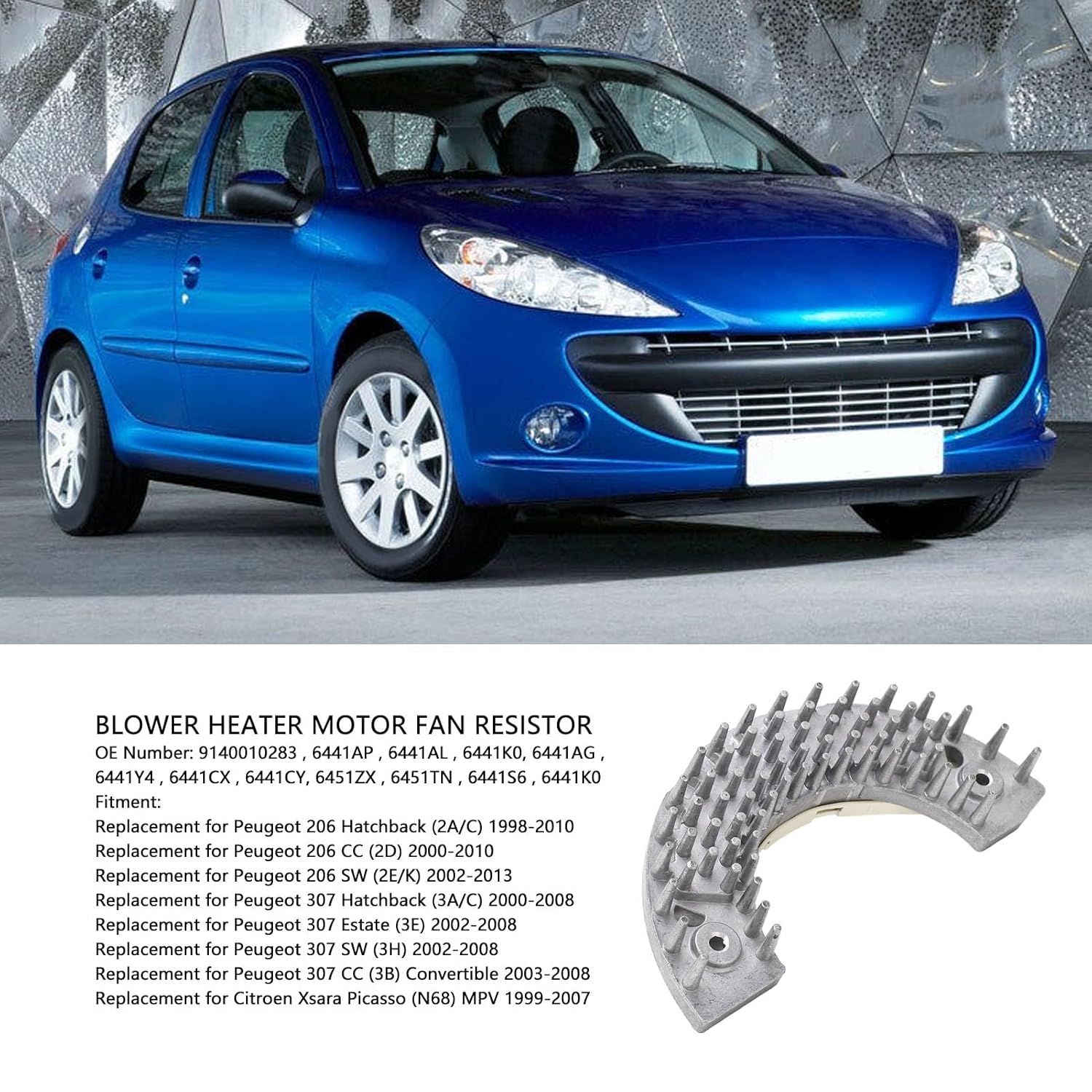 Gavigain Blower Heater Motor Fan Resistor, 9140010283 6441AP 6441AL 6441K0 6441AG Excellent Heat Dissipation Blower Resistor Replacement for 206 307