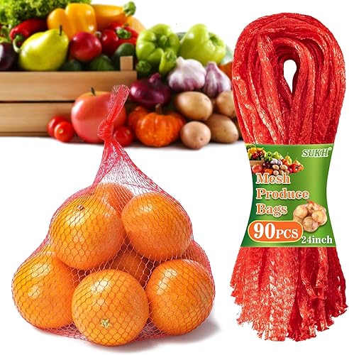Sukh 90 bolsas de malla para productos Bolsas de malla para verduras de 24 pulgadas, bolsas de almacenamiento de cebolla, bolsas de red para