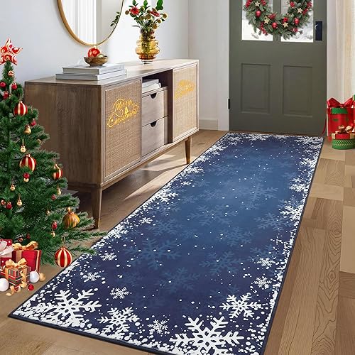Miniatura 20 de Alfombra de área de Navidad de 5 x 7 pies para dormitorio, sala de estar, antideslizante, copos de nieve de Navidad, alfombra grande para interiores