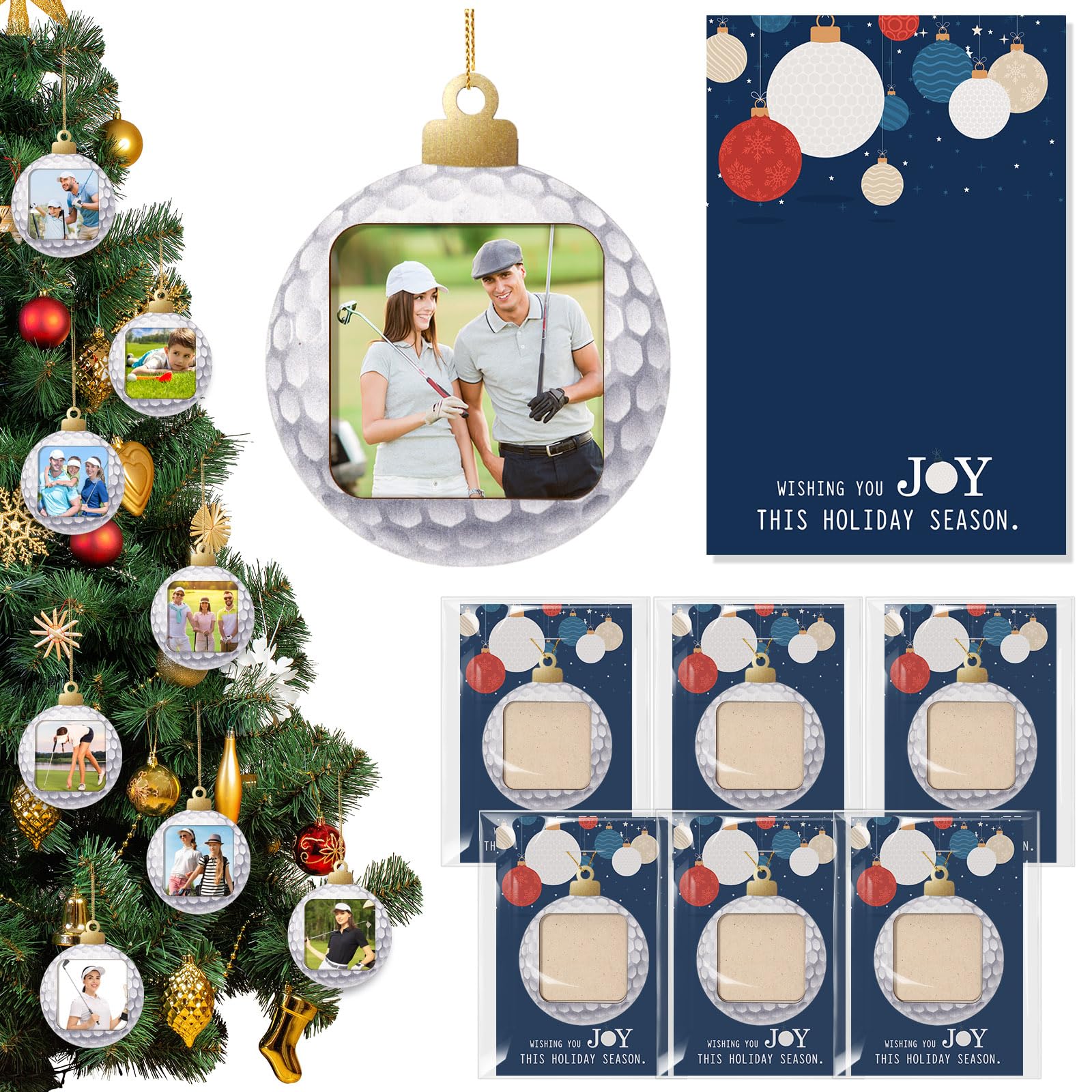 6 Set Golf Ornament for Xmas Tree Decorations Picture Holder Gifts for Golf Lovers Personalized Player Hanging Photo Ornament with Card for Sports