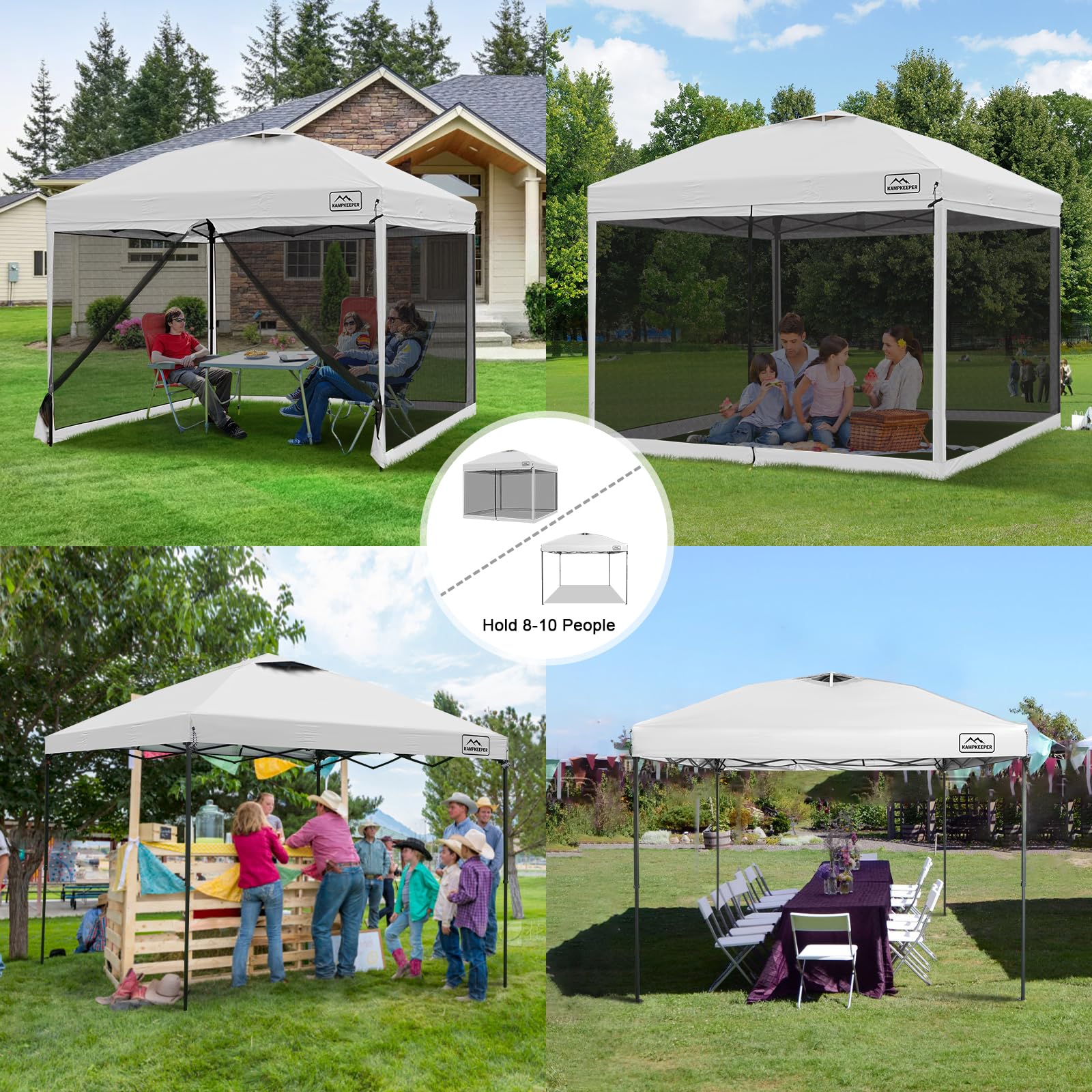 Toldo desplegable de 10 x 10 pies con mosquitera, tienda de campaña instantánea para exteriores, para eventos, patio, campamento, picnic, cenador con 4 sacos de arena, 1 bolsa con ruedas 6