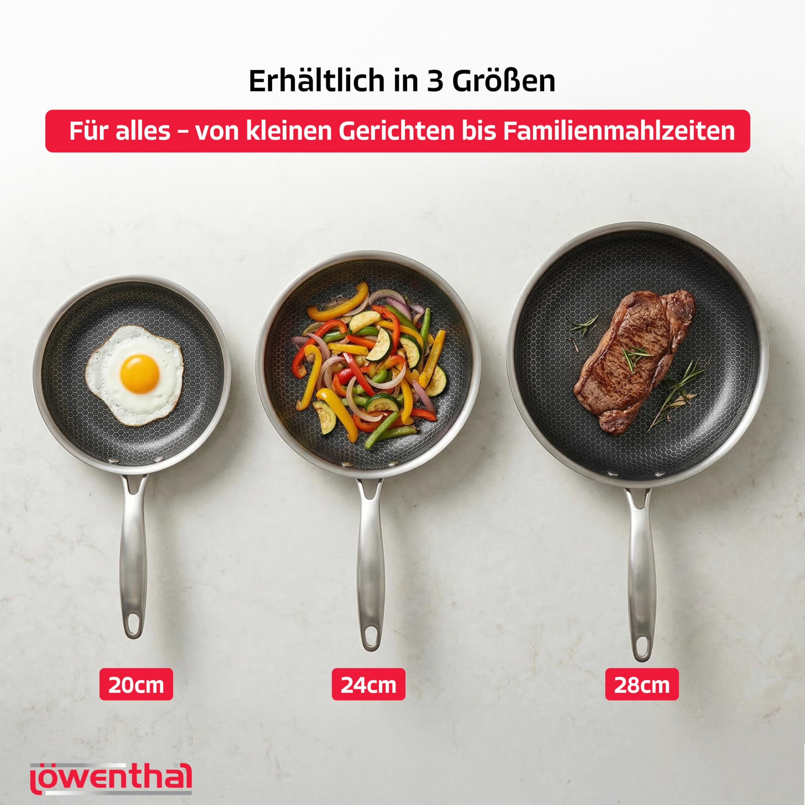 Löwenthal® Bratpfanne 28 cm | Edelstahl Pfanne mit Wabenstruktur | Keramische Antihaftbeschichtung | Kratzfest | PFAS- & PTFE-frei | Induktion alle Herdarten | Spülmaschinenfest | Backofenfest 280°C