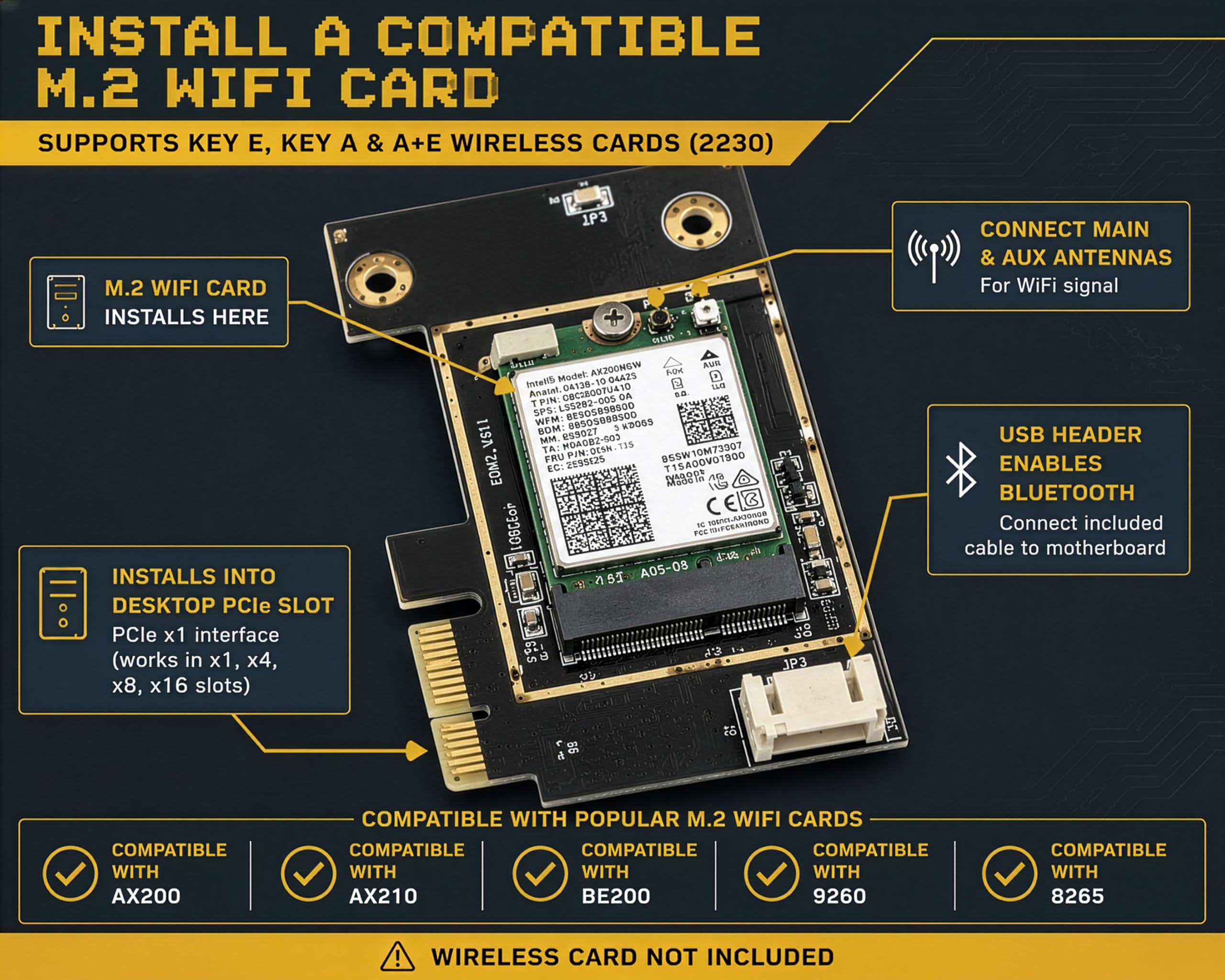 M.2 NGFF Wireless Card to PCI-e 1X Adapter M.2 Bluetooth-Compatible Network Card to WiFi WLAN Converter Desktop for 8260 (Laptop to Desktop)
