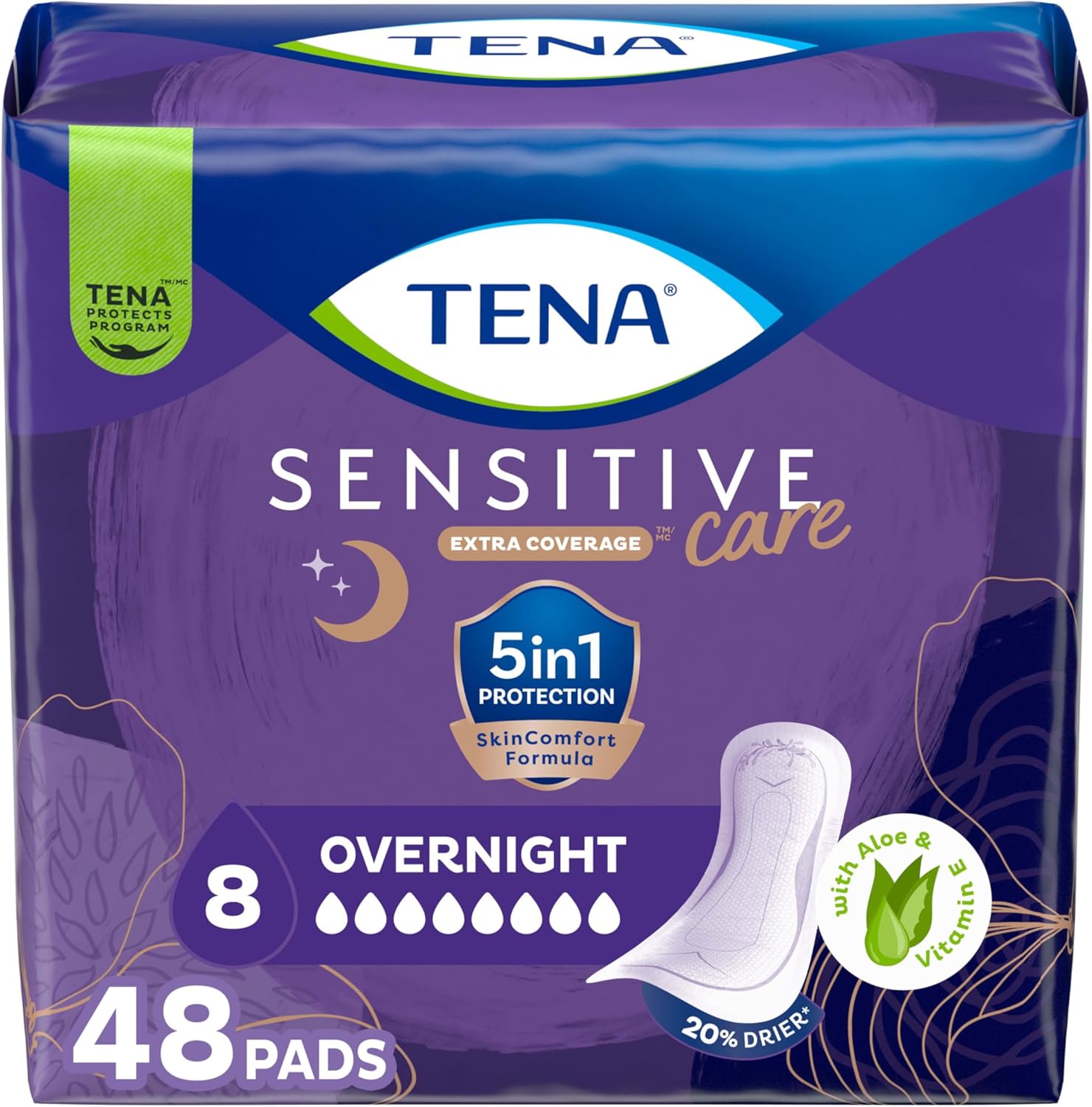 TENA Sensitive Care Incontinence Pads, Bladder Control, Postpartum for Women, Overnight Absorbency, Extra Coverage, 48 Count