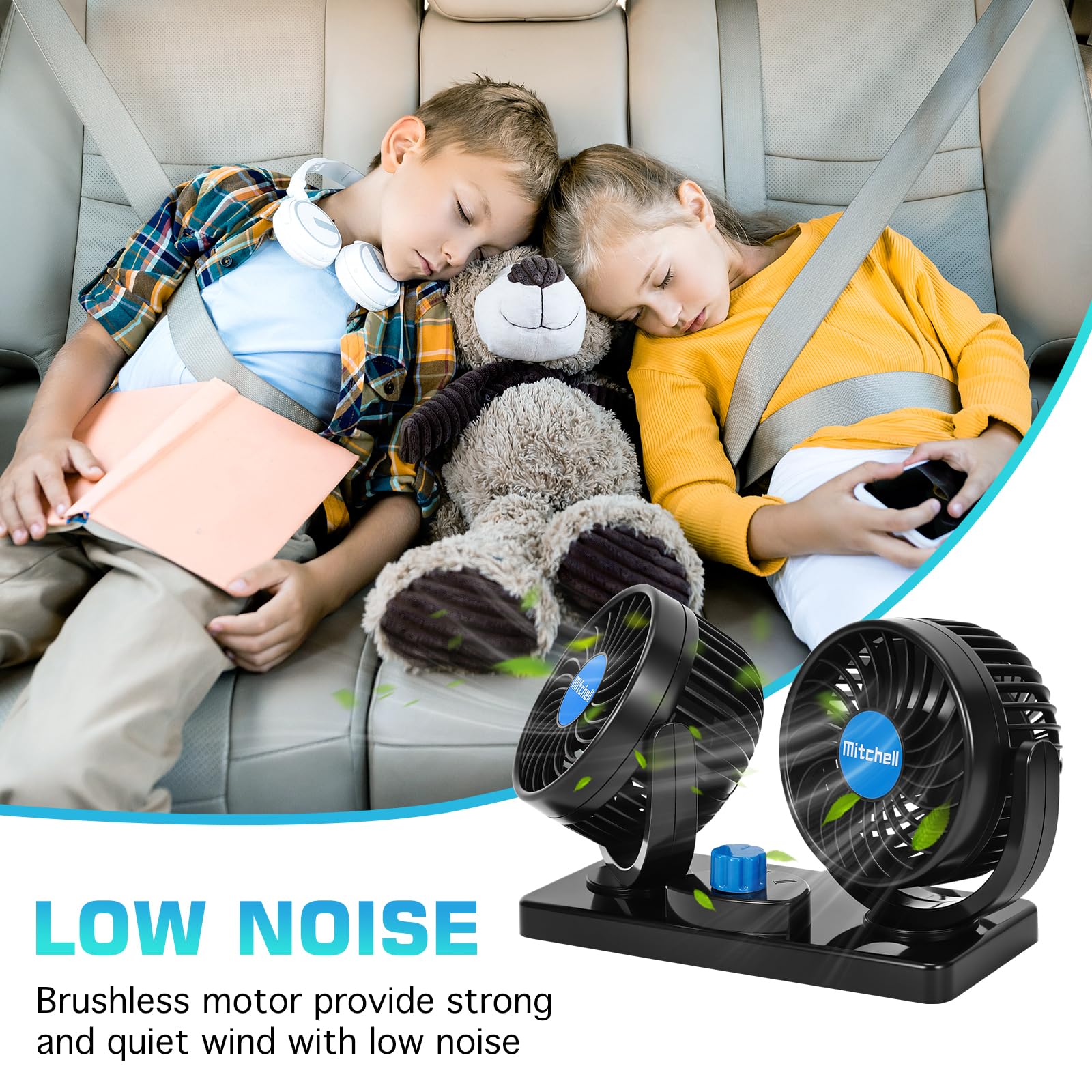 Ventilateur De Voiture 12v Doubles Têtes Rotatives Silencieux 360 Degrés Rotatif 2 Vitesses Ajustable Double Voiture Avec Allume Cigare