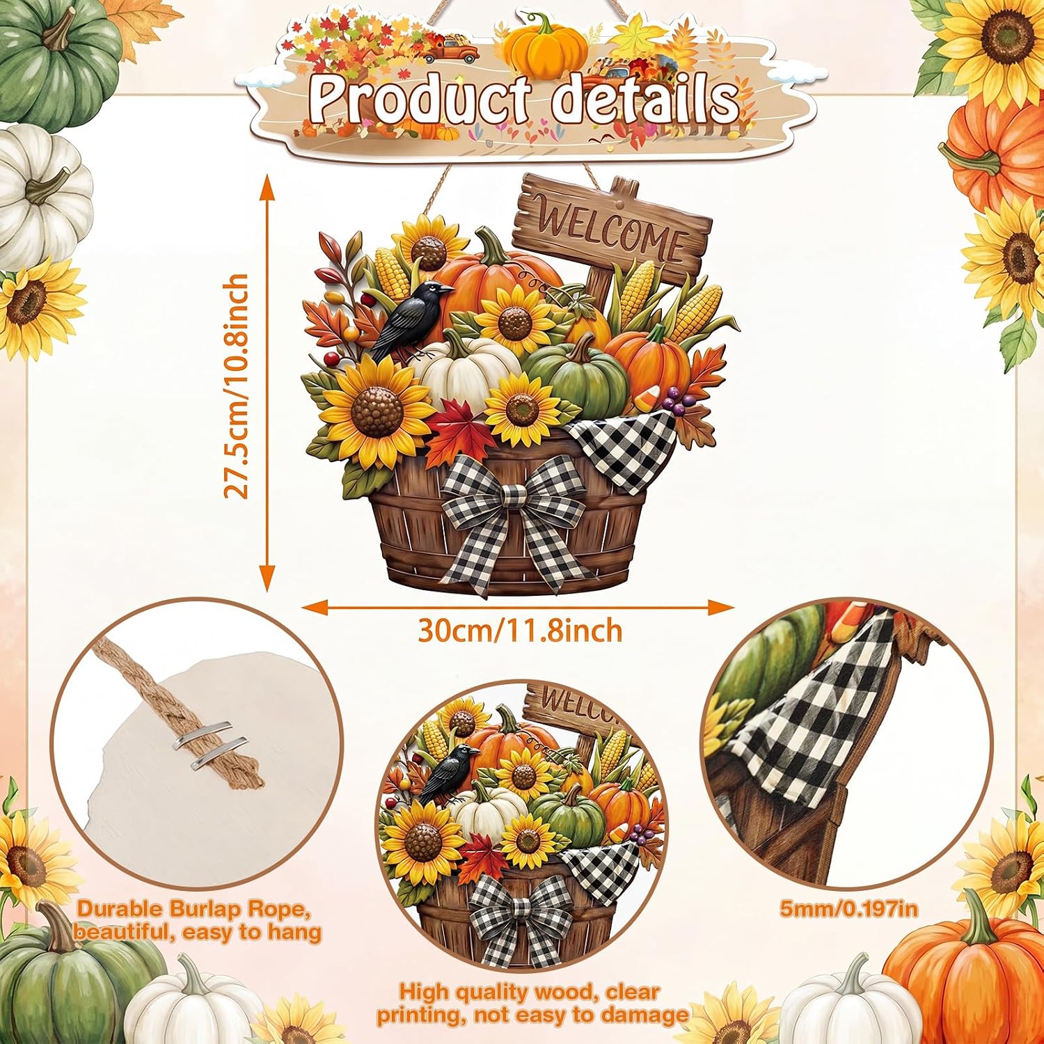 BBTO Fall Pumpkin Welcome Sign Door Decor, Basket