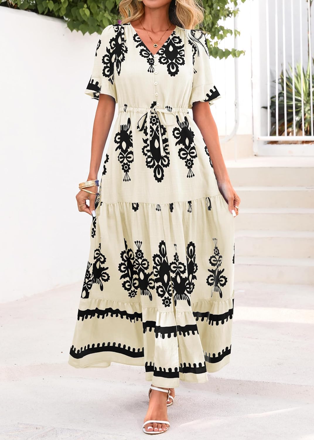 Lazysmile Summer Dresses for Women Short Sleeve V Neck Floral Drawstring Flowy A Line Boho Maxi Dress with Pockets - Image 5