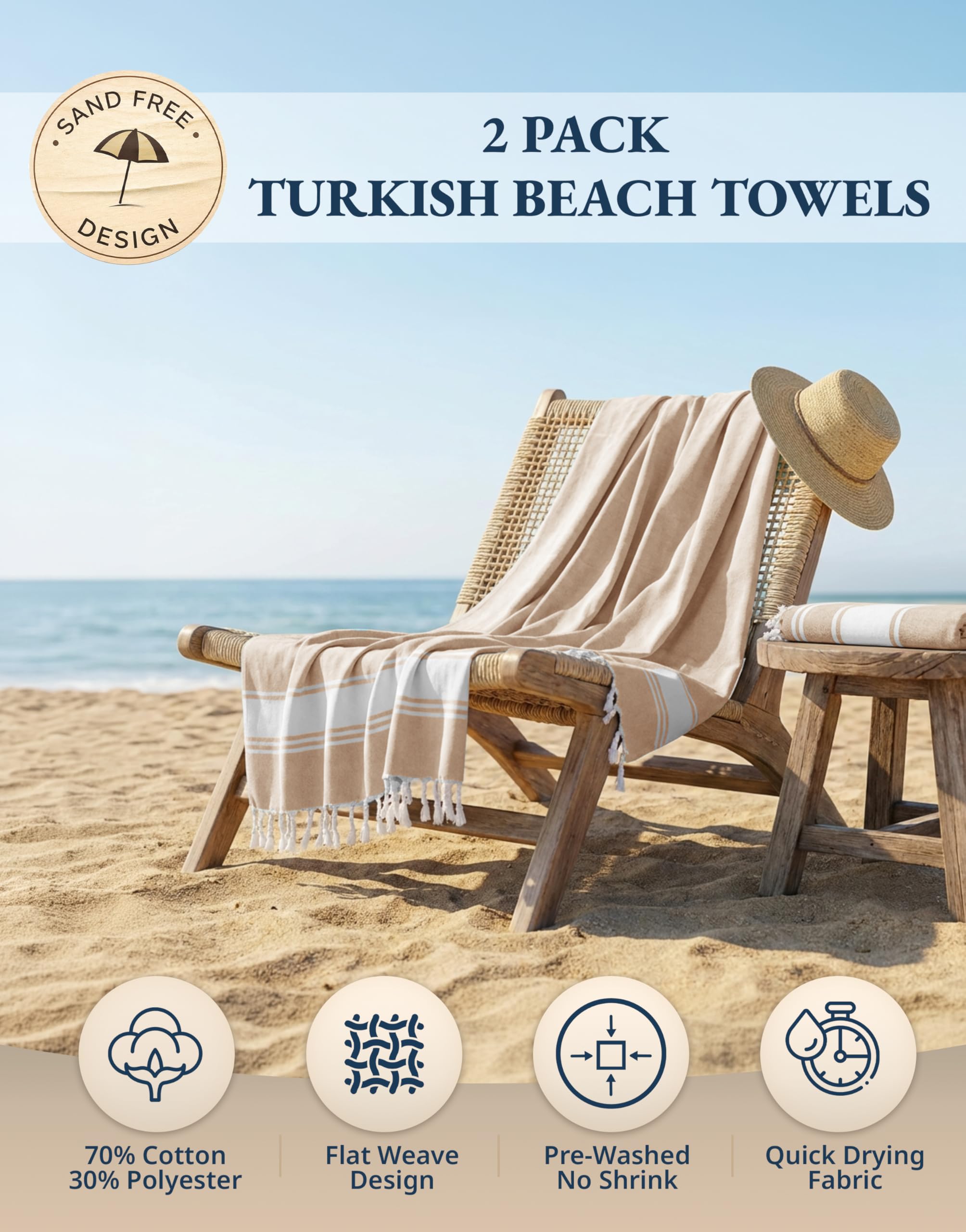 A pair of LANE LINEN Oversized Turkish Beach Towels folded with their included carrying bag, showcasing their texture and portability.
