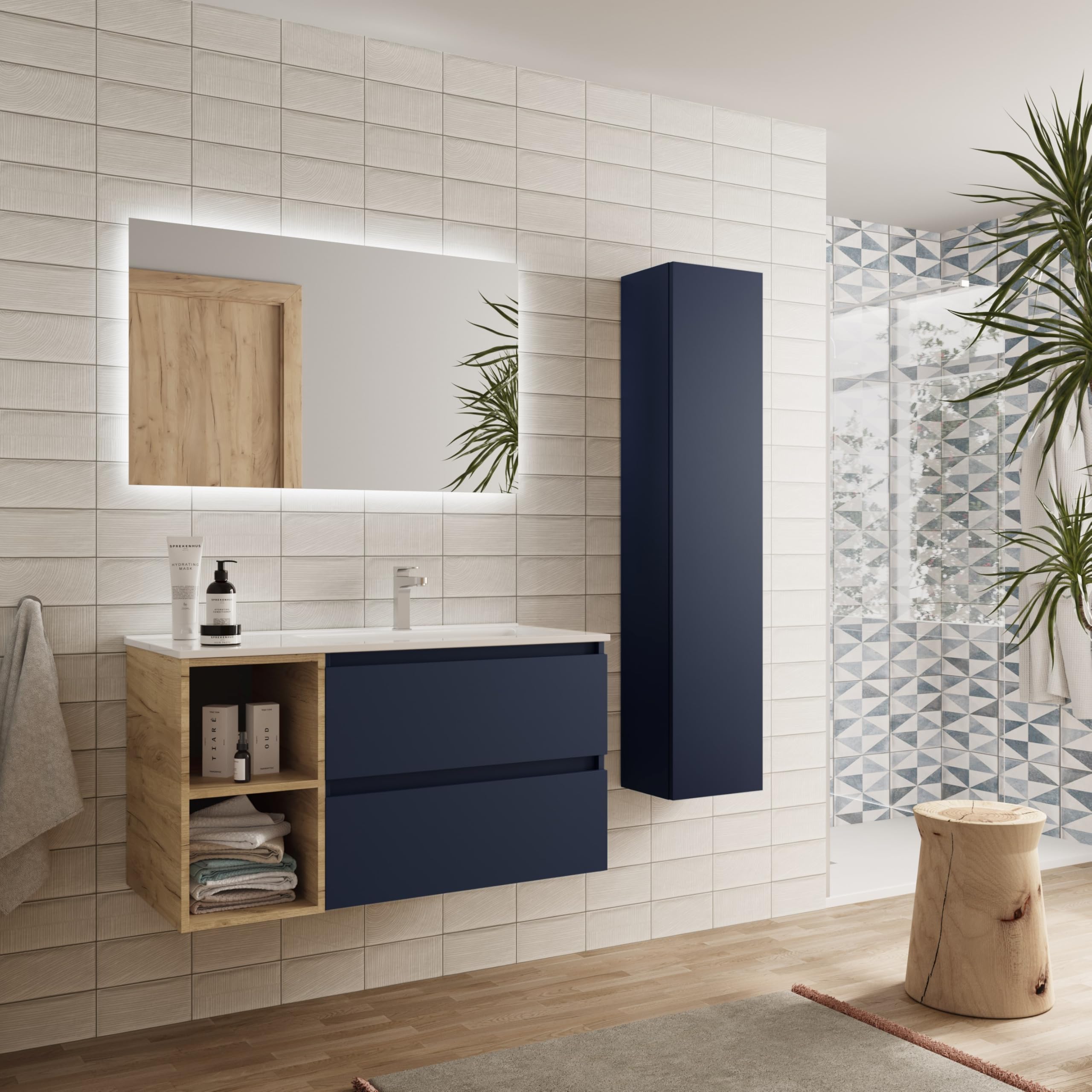 Salgar Mueble de Baño Bequia 100cm + Coqueta 2 Huecos Izquierda + Lavabo cerámica | Azul Mate/Roble |100x45x56