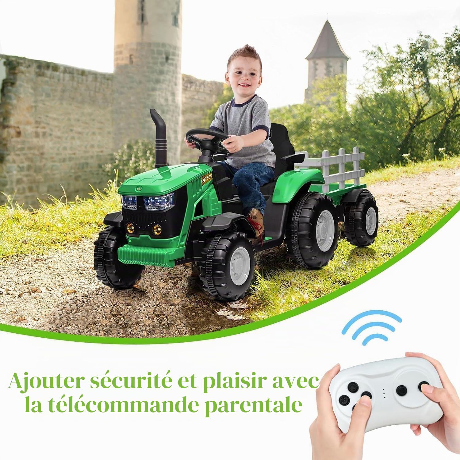 Tracteur électrique pour Enfants 12 v avec Remorque Amovible, Télécommande, Deux Moteurs, Klaxon, Musique/USB, 7 Lumières LED, Voiture à Pédales pour Les Enfants De 3 Ans Et Plus (Vert)