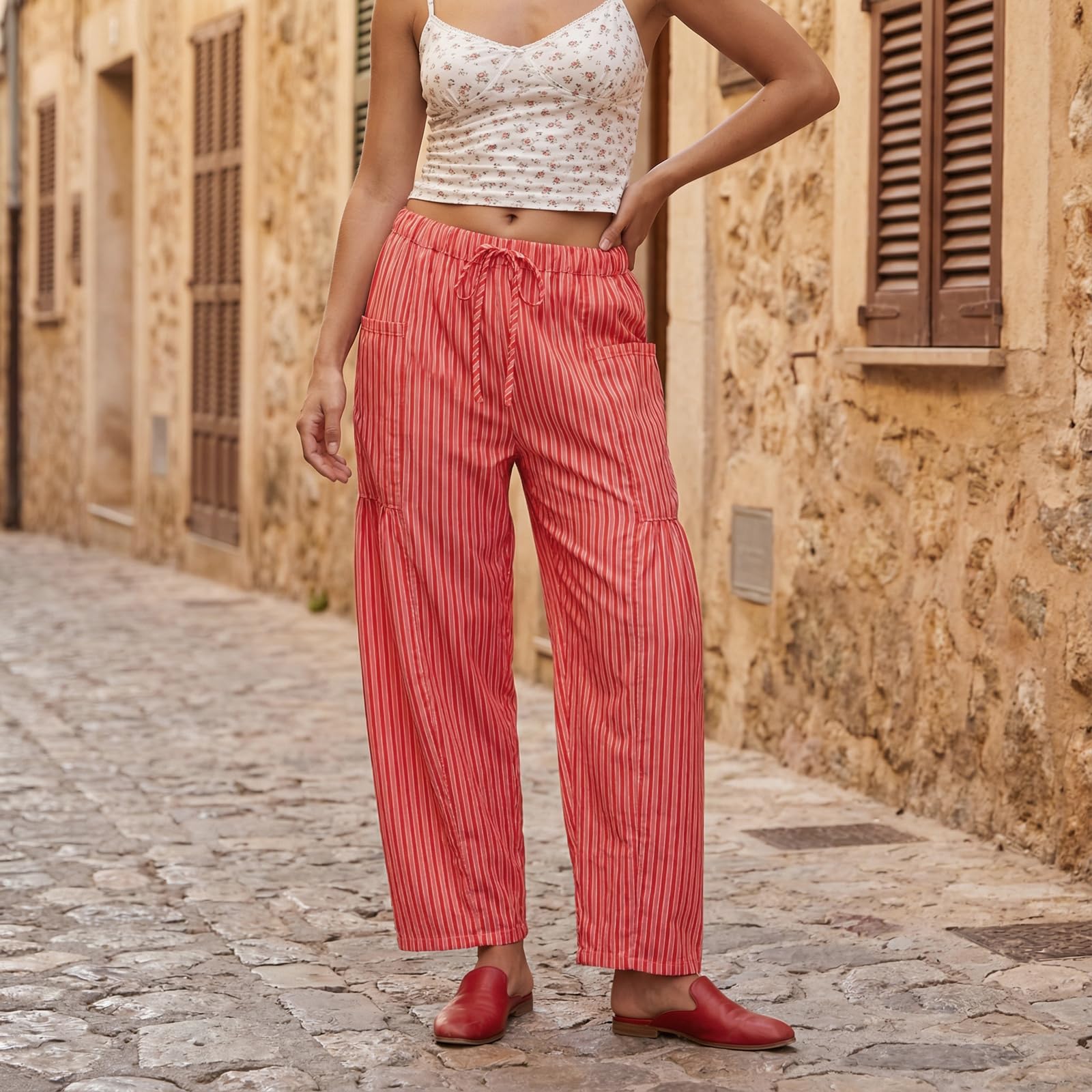 Sexy Outfit Pantalon Sarouel rayé en Coton et Lin pour Femmes, Ample, Jambes Larges, Cordon de Serrage, Pantalon de Plage avec Poches, vêtements de détente d'été