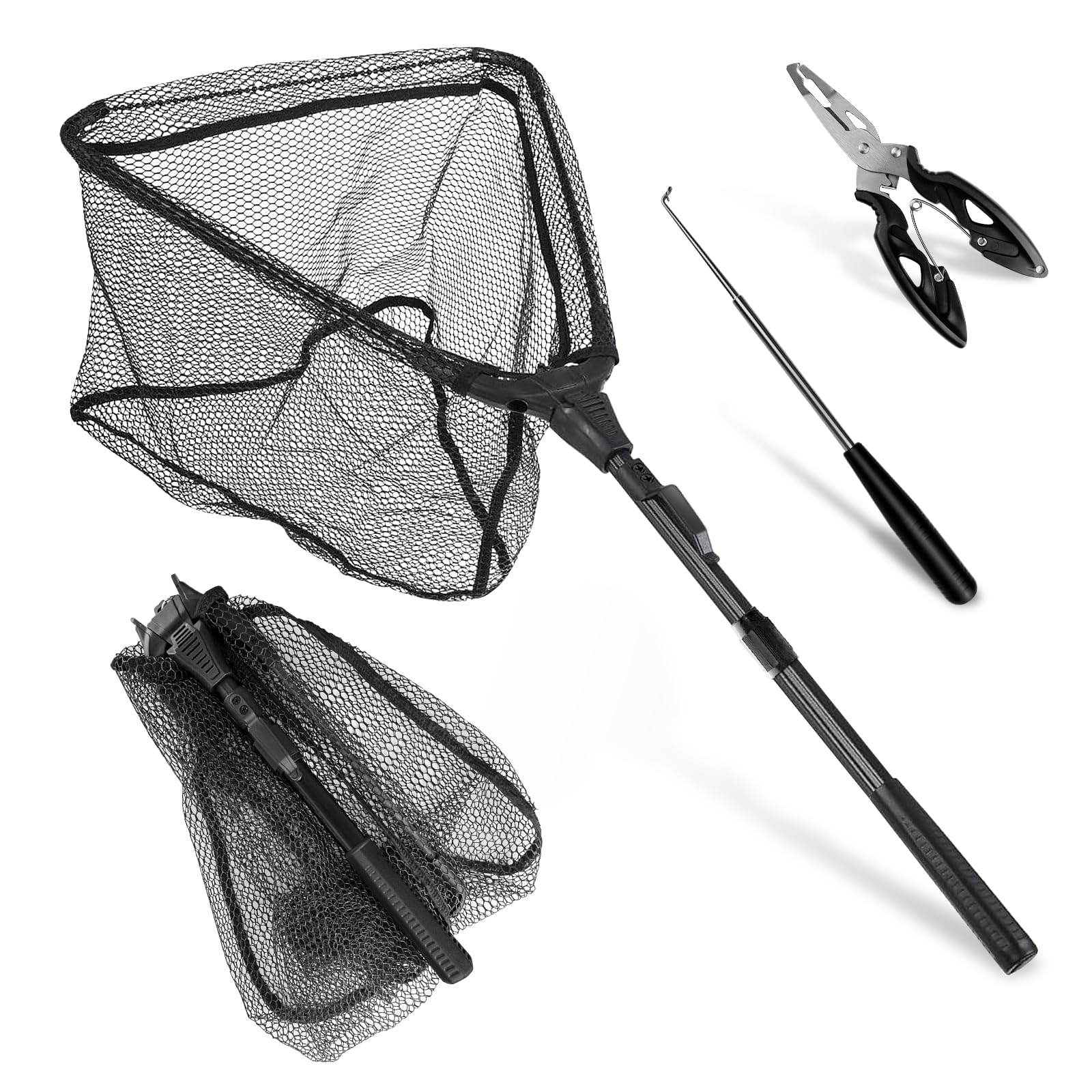 Red de Pesca de Acero Inoxidable Triangular Plegable, Sacadera Carpfishing con 1 Alicates de Pesca, 1 Unidad de Anzuelos para Estanques Arroyos Lagos y Pesca Desde Embarcación(90cm)