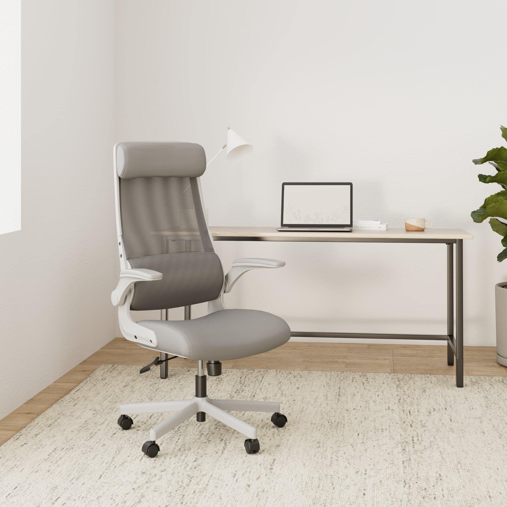 MELOKEA Sedia da Ufficio Ergonomica Direzionale in Rete Ultra Traspirante, Supporto Lombare Ortopedico a S EN1335, Poggiatesta Regolabile, Braccioli Ribaltabili, Sedia da Gioco, Grigio Bianco