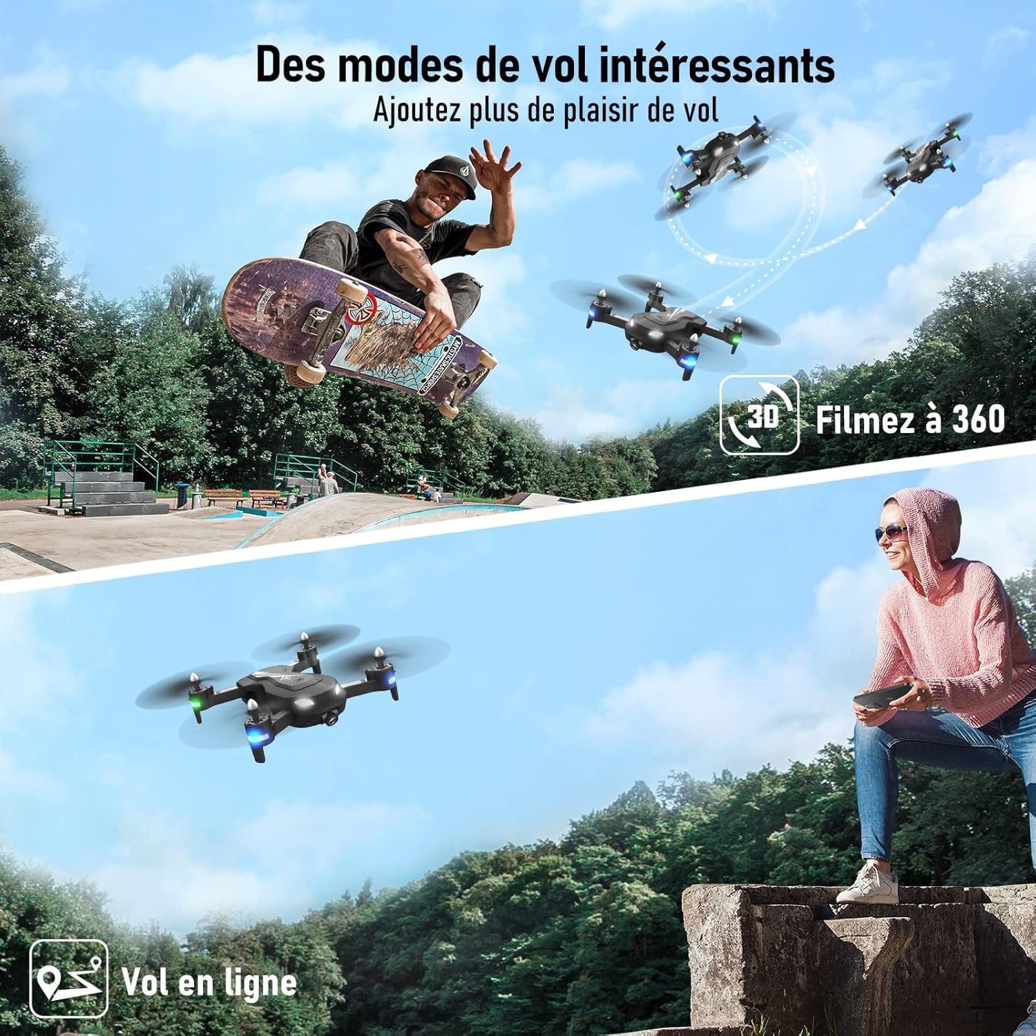 Wipkviey drone avec caméra 1080P-HD - T26 drones adulte, drone enfant avec vidéo, Flip 3D, Capteur de gravité, Maintien de l'altitude, Mode sans tête